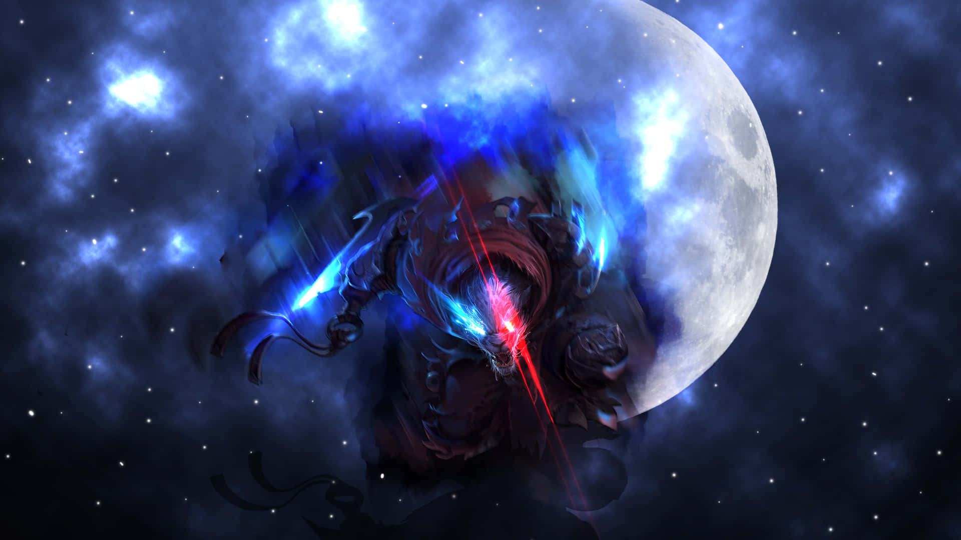 奇幻戰士在月光星空中揮舞發光劍刃。
