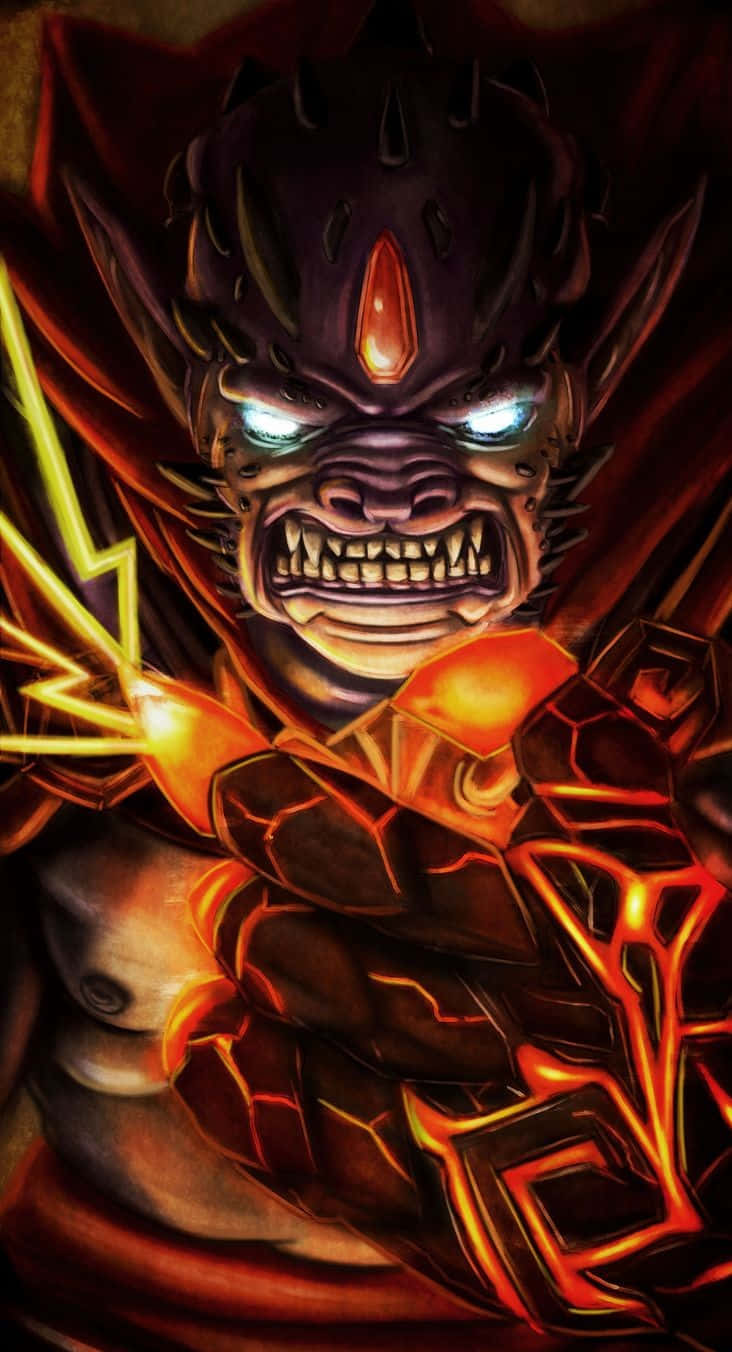 一個擁有發光眼睛和熾熱盔甲的惡魔戰士在深紅色的環境中咆哮。