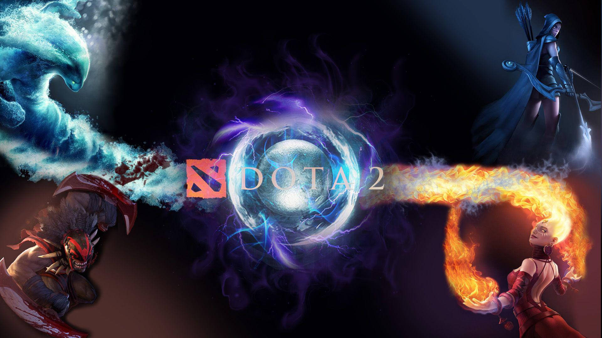 四位 Dota 2 英雄在發光球體周圍釋放水、火和魔法。