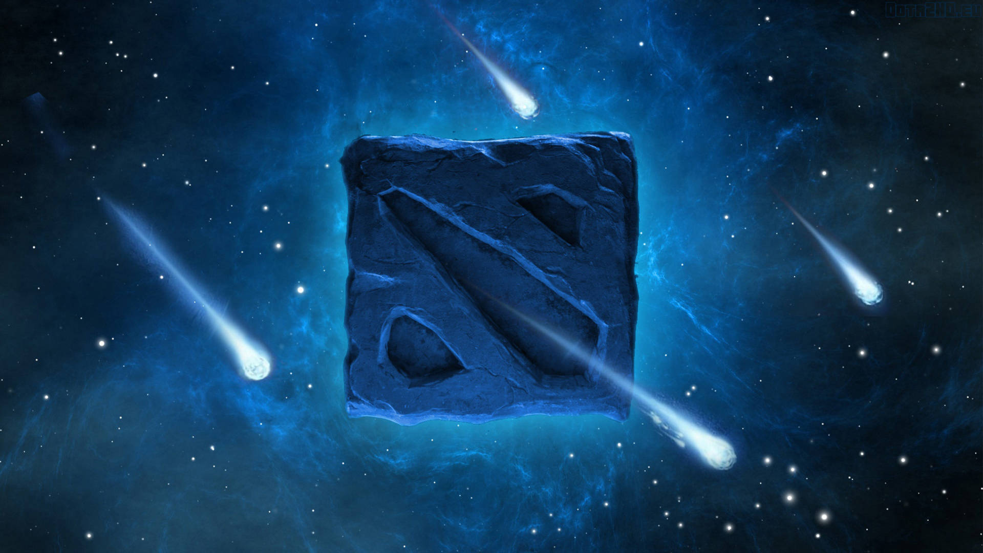 一塊發光的藍色石板，帶有符文，在宇宙星雲中，彗星劃過。