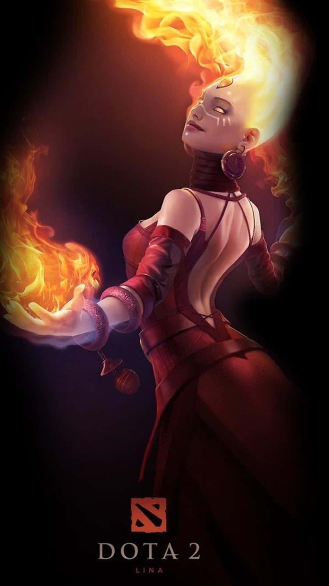 Dota 2角色莉娜，火紅頭髮，手中帶火，身穿紅色服裝。