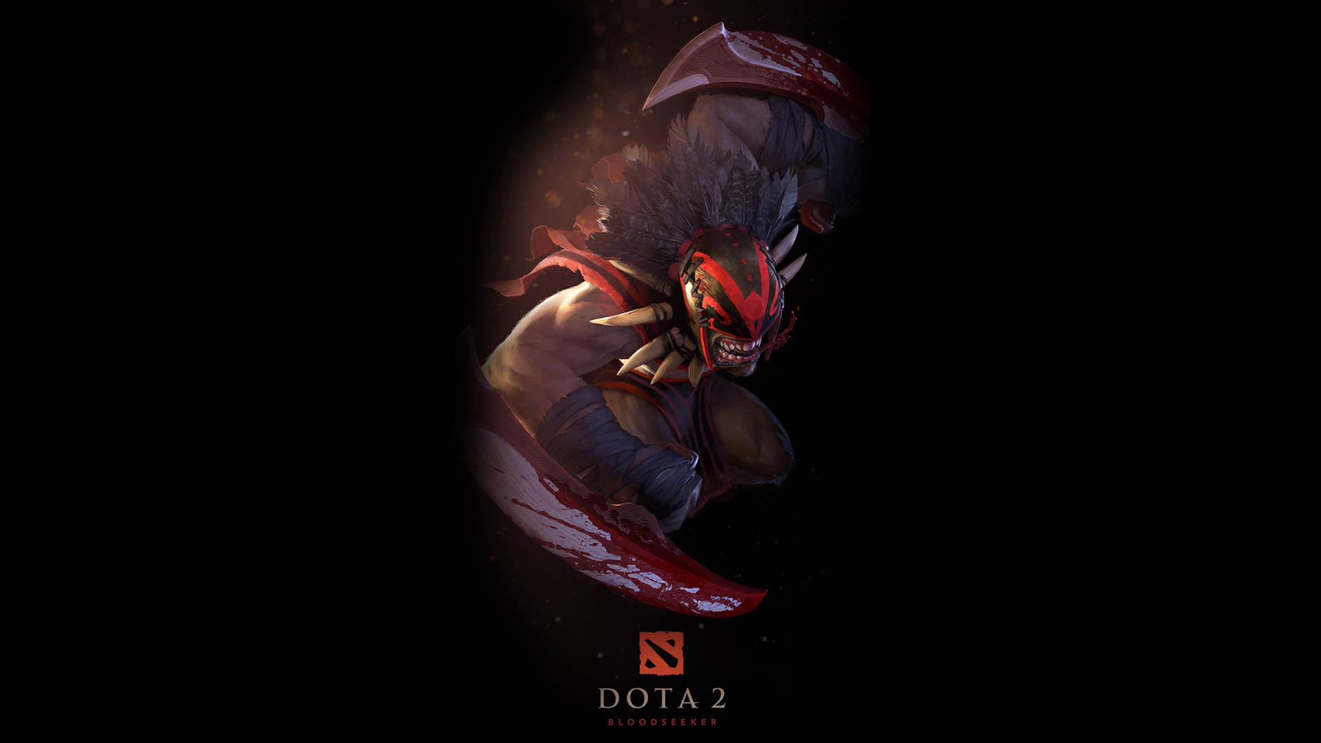 在黑暗環境中，帶有紅色面具和血跡斑斑刀刃的Dota 2 Bloodseeker角色。