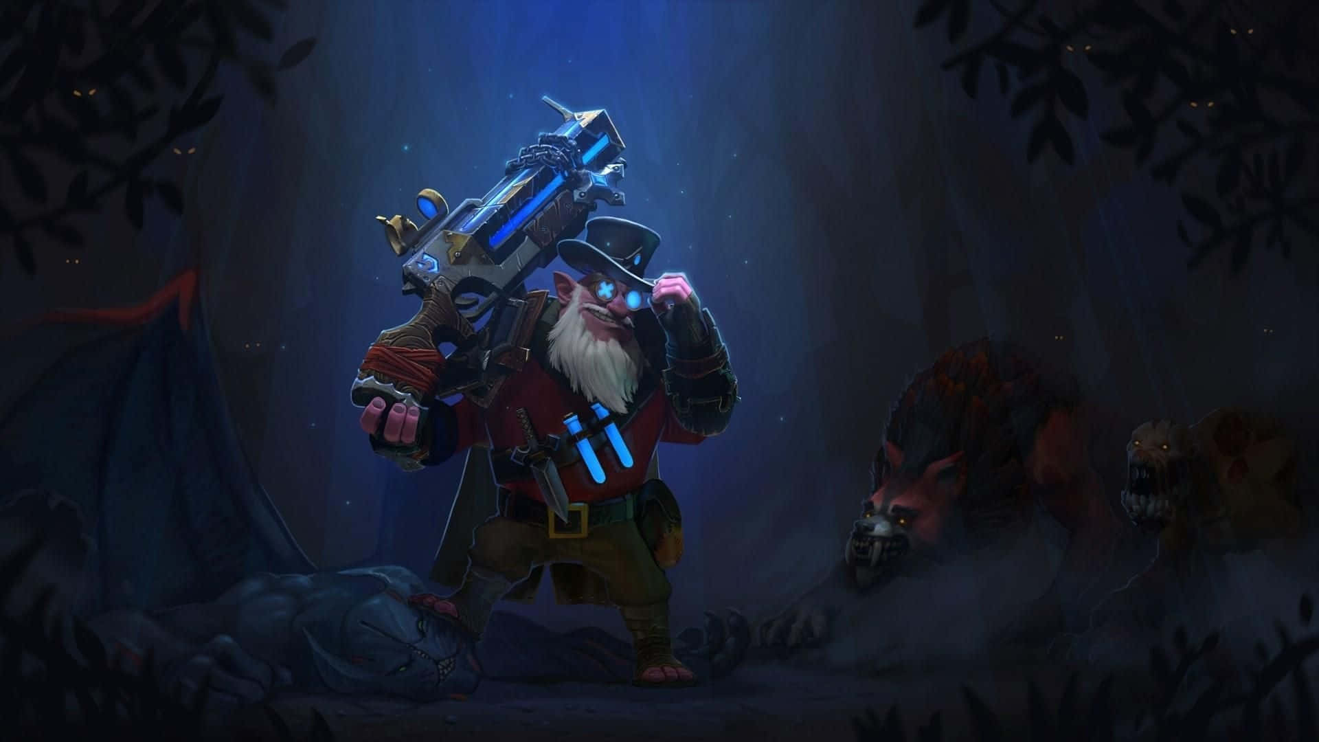 DOTA 2 角色狙擊手 AMOLED 桌面 壁紙 — 一個戴帽子的鬍鬚矮人揮舞著發光的藍色武器，面對黑暗森林中的怪物。