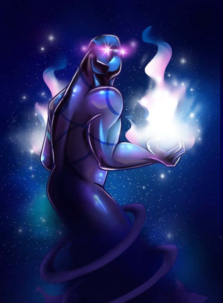 一個發光的宇宙人物在星空夜空中手持一個光芒四射的球體。
