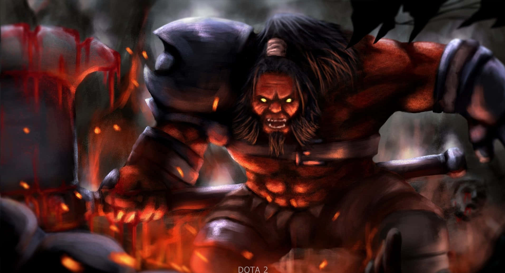 一個眼睛發光的惡魔戰士在黑暗奇幻戰鬥場景中衝過火焰。