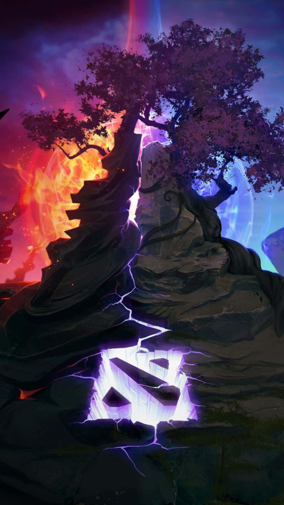 Dota 2 辐射方陣樹裂 Android 壁紙 — 一棵孤獨的樹矗立在岩石懸崖上，熾熱的橙色熔岩在旁邊噴發，紫色的閃電從地面劈啪作響。