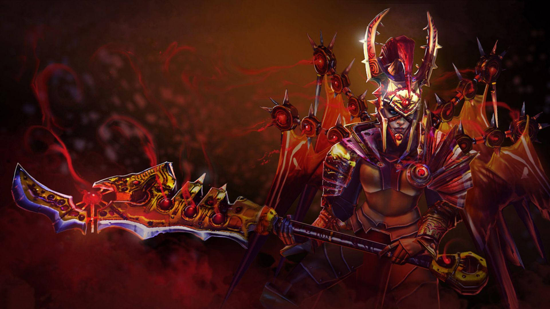 惡魔戰士穿著紅金盔甲在黑暗熾熱環境中揮舞帶刺斧頭