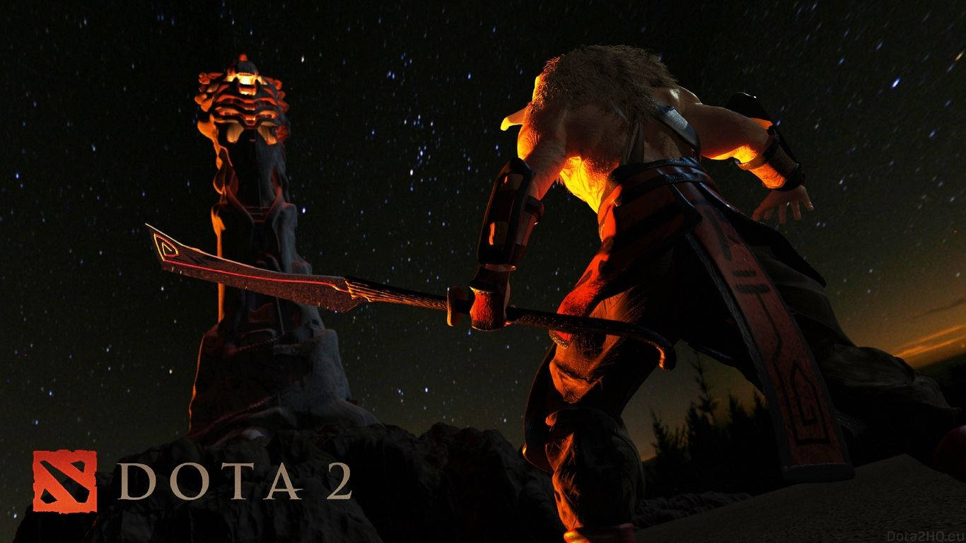 DOTA 2 鋼鐵巨人攻塔 壁紙 — 一個肌肉發達嘅Dota 2英雄企喺度，手持發光劍，背景係星光燦爛嘅夜空同一個發光嘅塔。