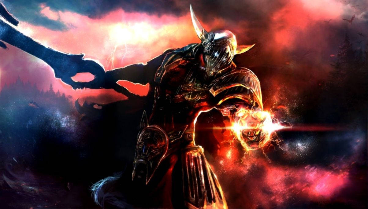 DOTA 2 鋼鐵巨人銀河藝術 壁紙 — 一個有角的黑暗裝甲戰士，手持發光的火球，面對風暴般的紅紫色天空。