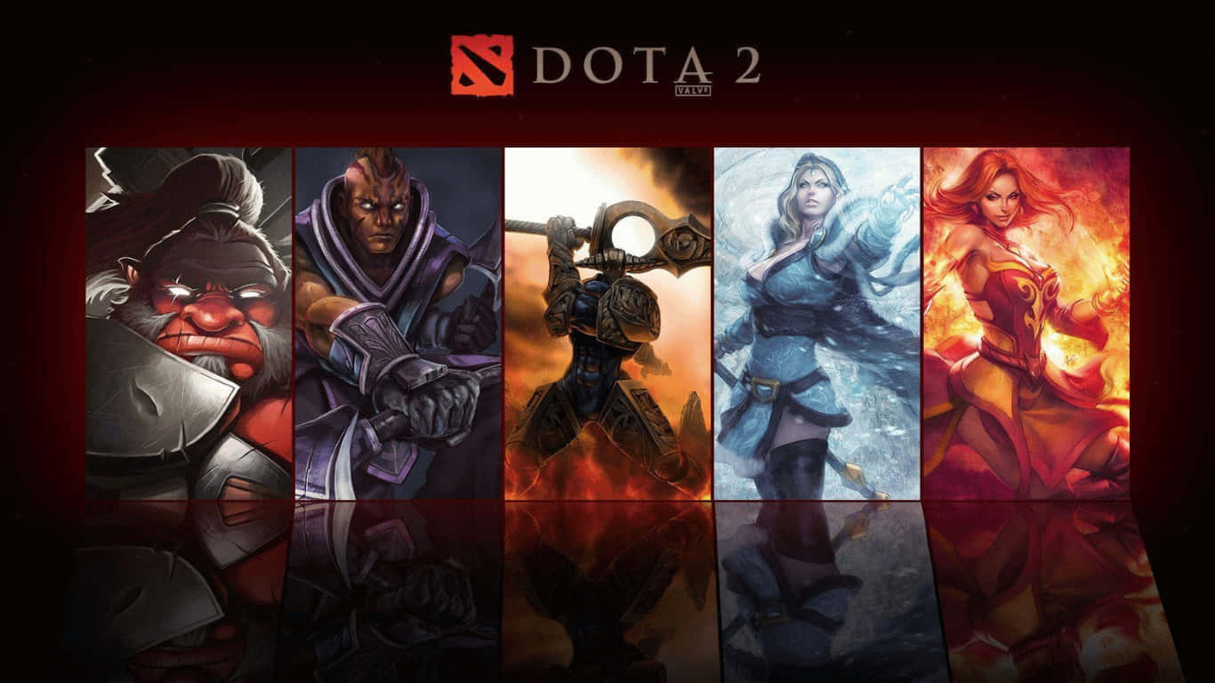 五位 Dota 2 角色，各自擁有鮮明的主題元素和盔甲。