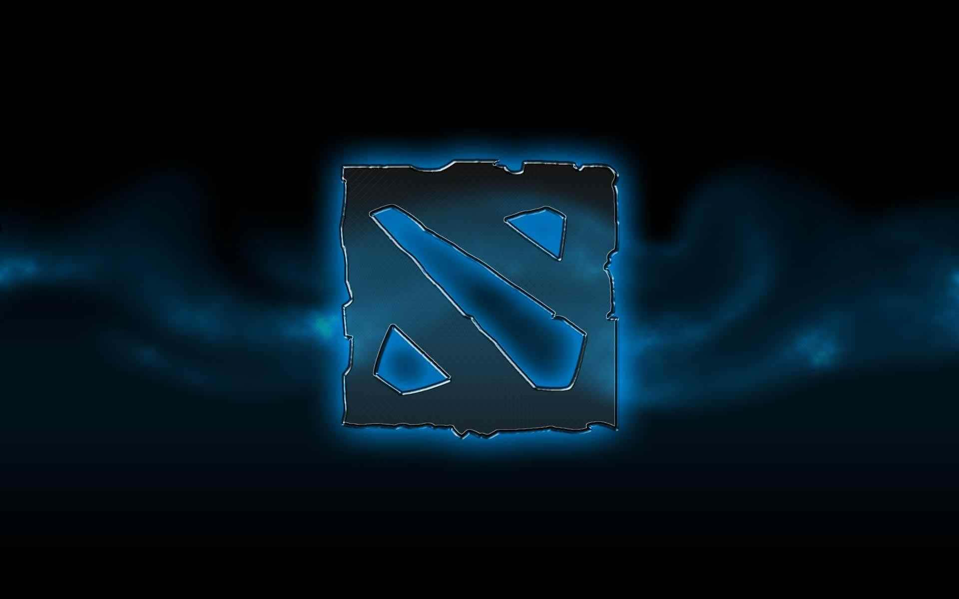 發光的藍色Dota 2標誌，帶有鋸齒狀邊緣，在黑暗旋轉薄霧背景上。