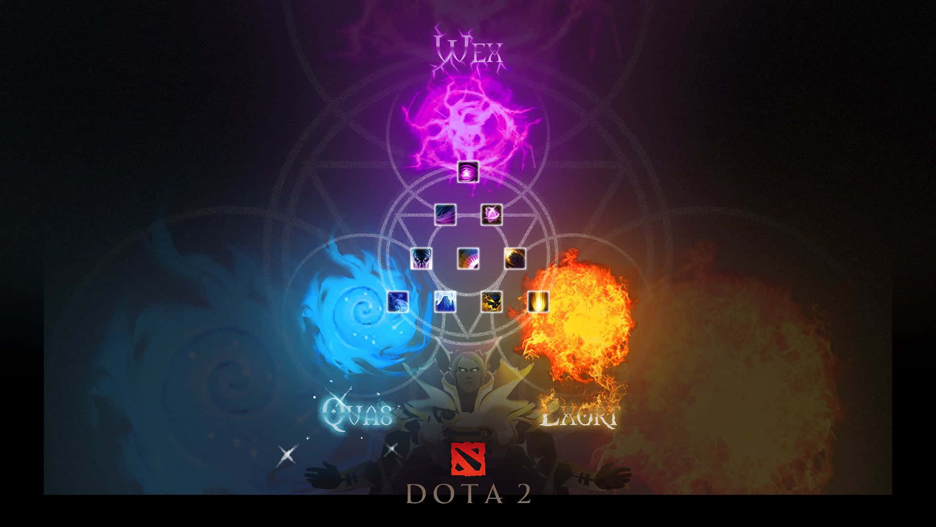 在黑暗神秘的環境中，被火、水和閃電魔法包圍的 DOTA 2 英雄。