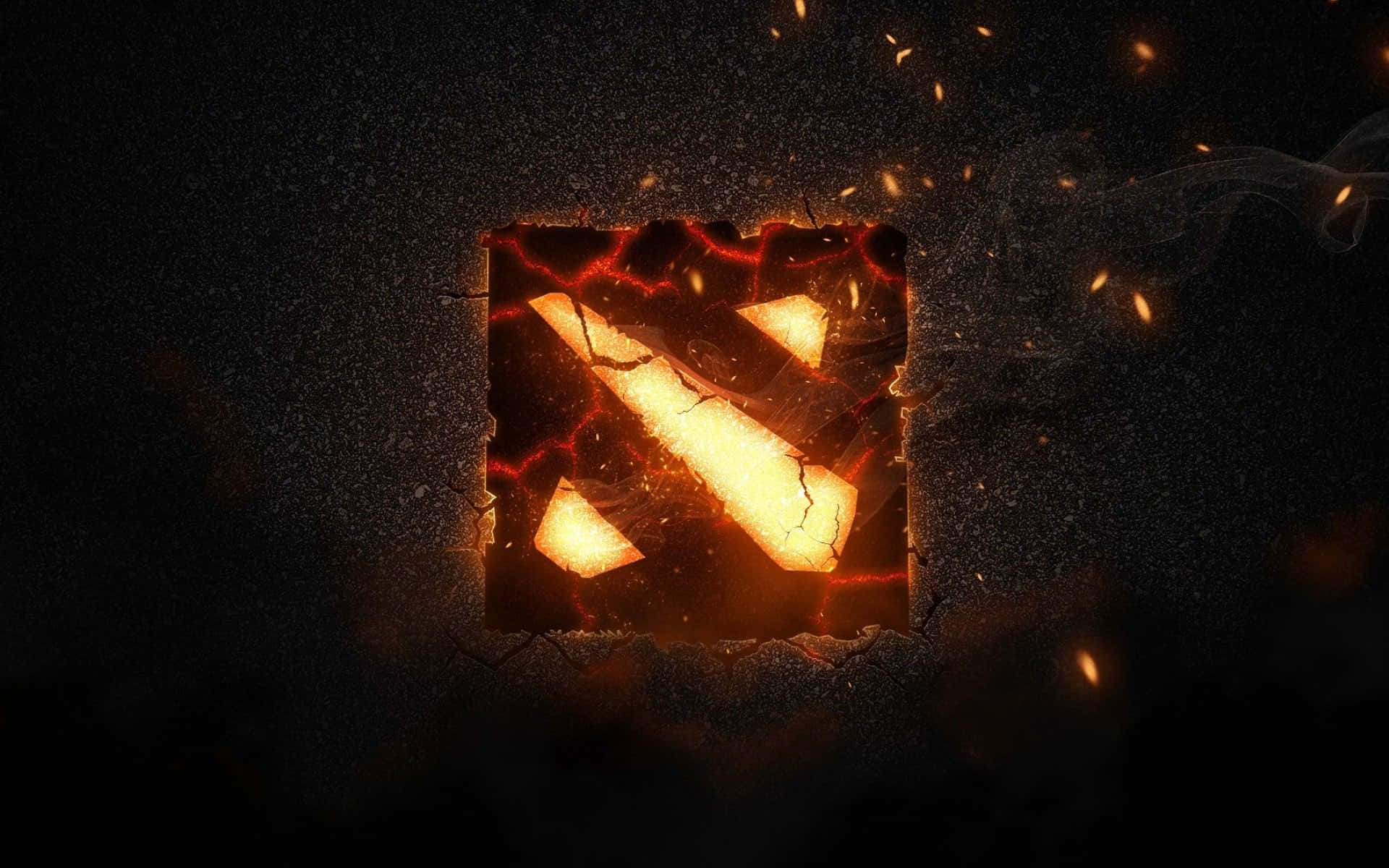 Dota 2 標誌透過破裂的石頭發光，伴隨著飛舞的火花和煙霧。