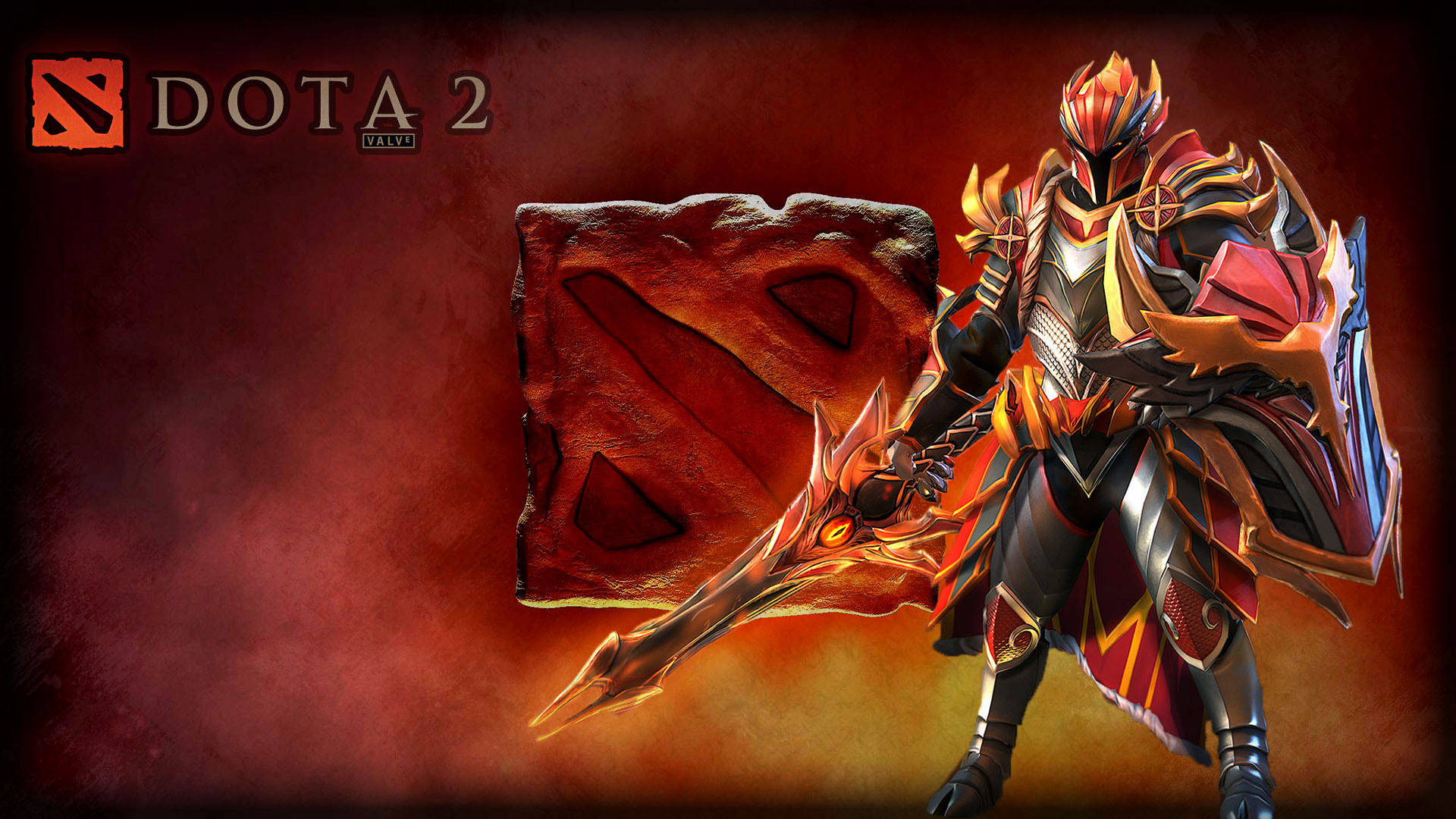 Dota 2 英雄身穿火焰裝甲，手持發光武器，背景為深紅色。