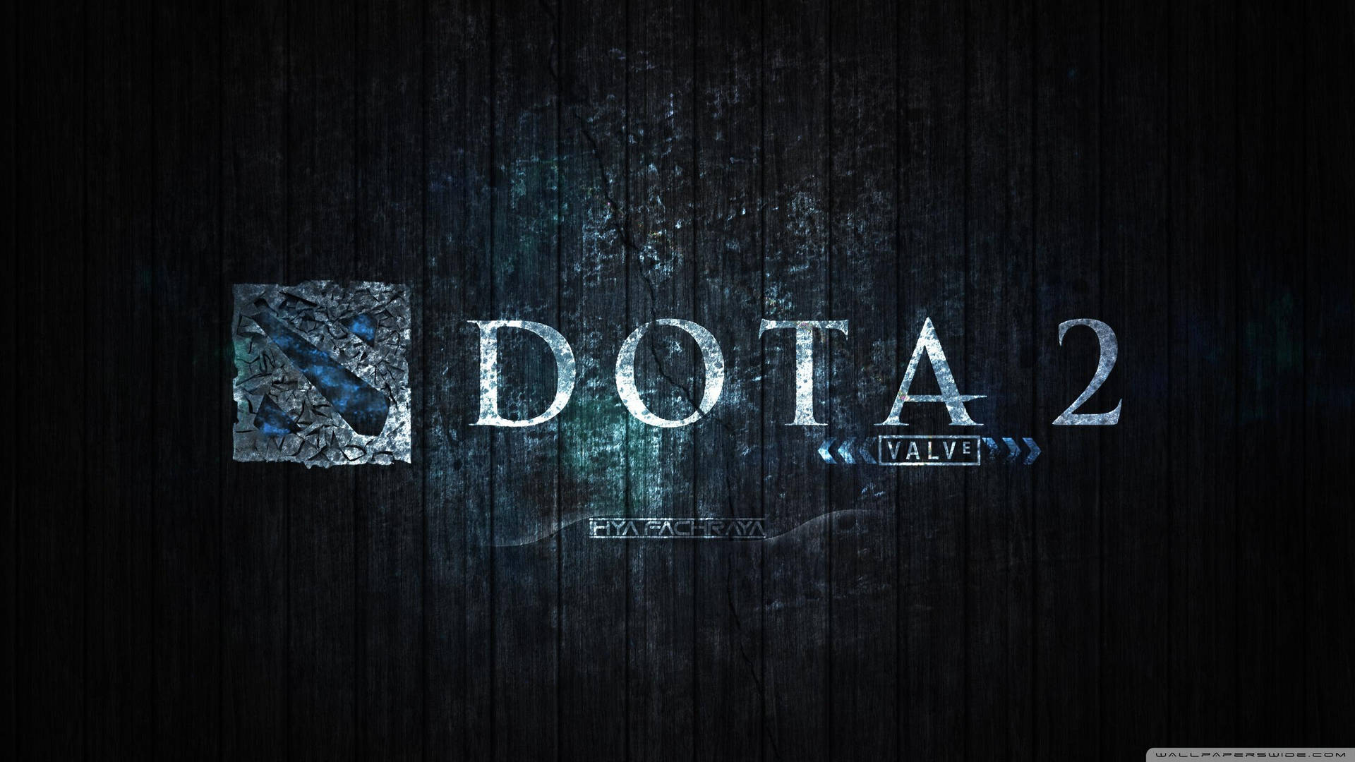 Dota 2 遊戲標誌在深色木紋質感上帶有發光藍色點綴。