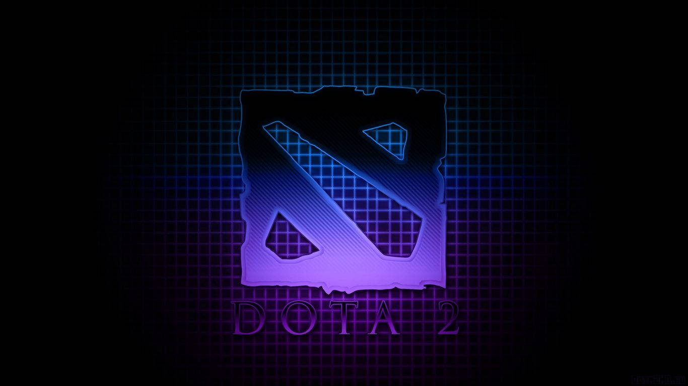 Dota 2 標誌在深色網格背景上發出藍色和紫色霓虹光。