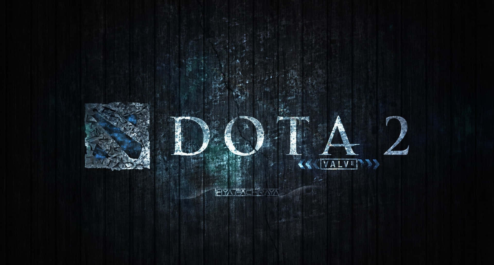 深色木紋質感上的 Dota 2 遊戲標誌，帶有發光藍色點綴。