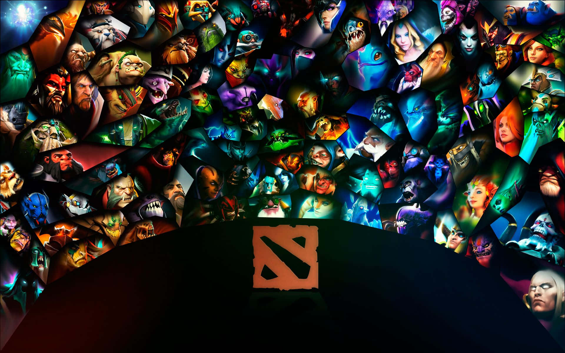 Dota 2標誌被發光的奇幻角色肖像包圍。