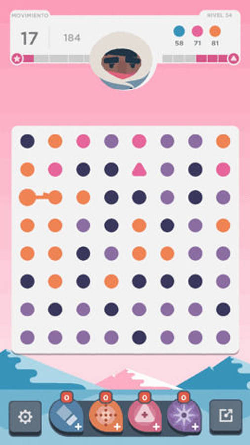 Dots & Co遊戲截圖Tumblr iPhone壁紙 壁紙 — 色彩繽紛的拼圖遊戲畫面，網格中有橙色、紫色和深色的圓形、三角形，頂部有一個卡通頭像。