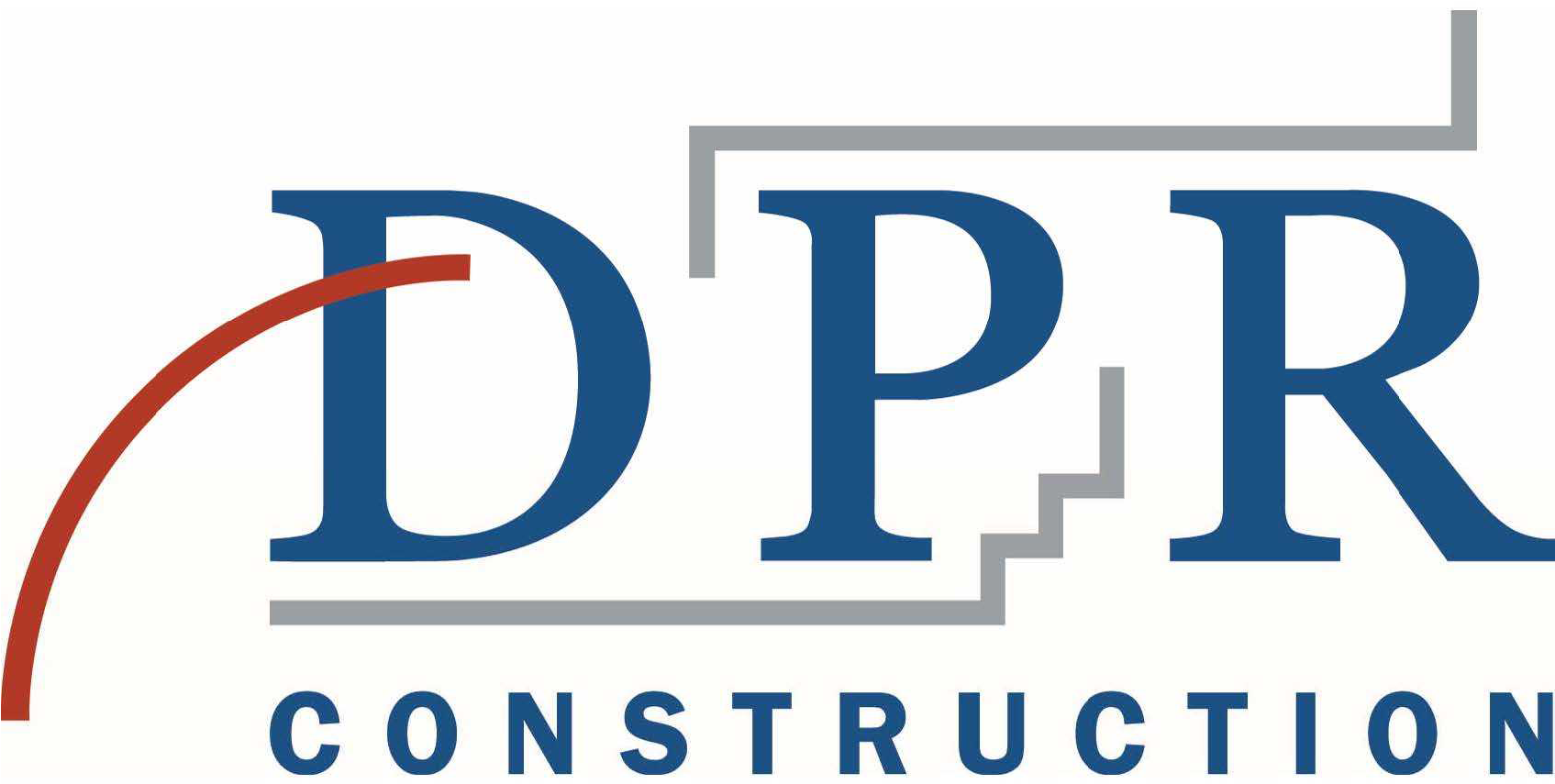 DPR Construction Logo 壁紙 — 白色背景上帶有紅色弧線和灰色結構線條的醒目藍色DPR Construction標誌。