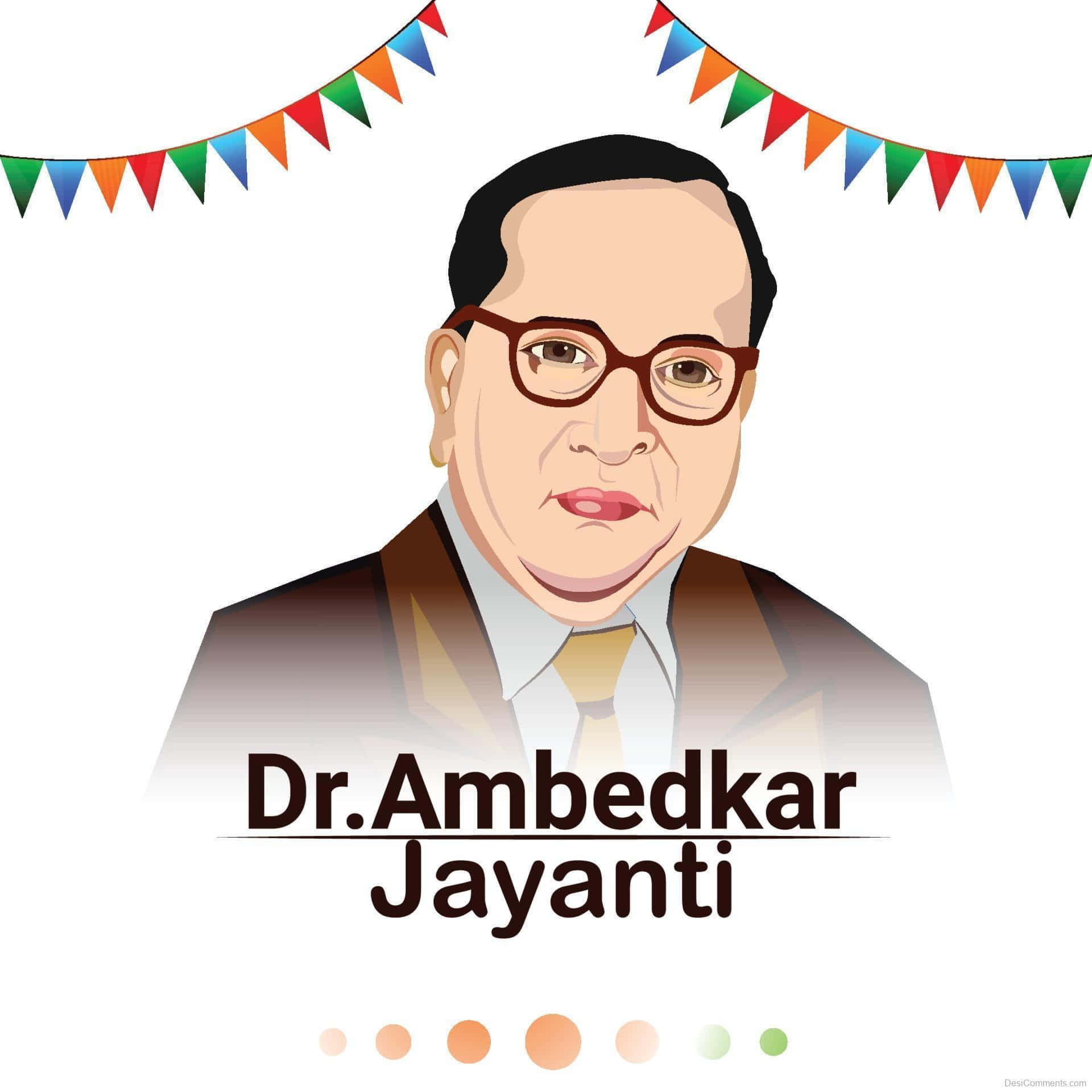 Ambedkar 桌布 壁紙 — Dr Ambedkar 的插圖肖像，下方有彩色三角形旗幟和慶祝文字。
