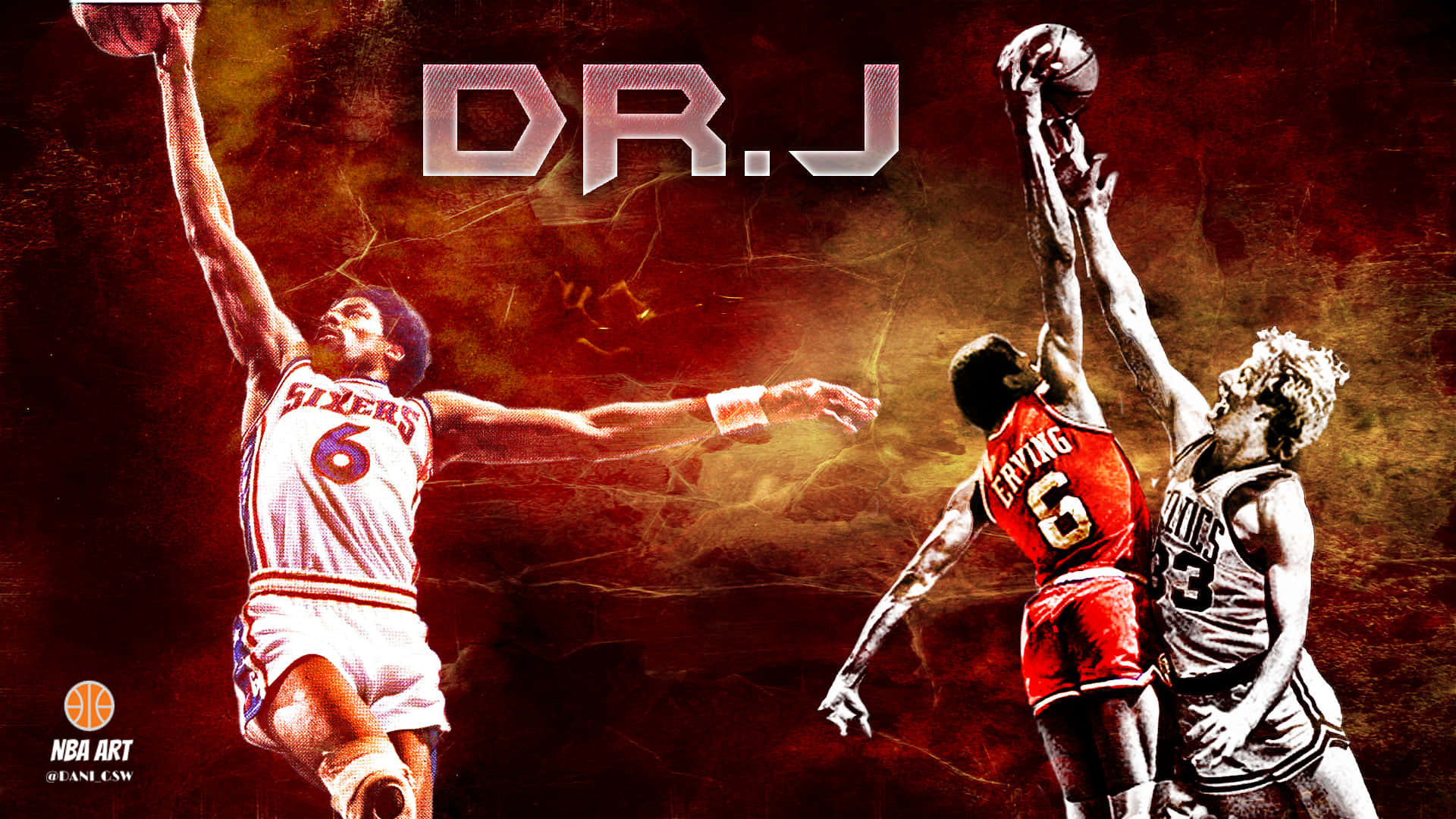 Dr. J 朱利葉斯·歐文海報 壁紙 — 三位籃球傳奇人物在帶有火焰紋理的背景上動態跳躍，上方刻有「DR.J」字樣。