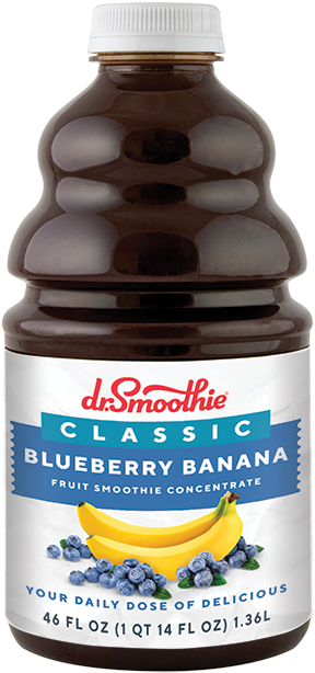 Dr. Smoothie經典藍莓香蕉濃縮冰沙 壁紙 — 深棕色樽裝 DrSmoothie Classic Blueberry Banana 水果冰沙濃縮液，白色瓶蓋，標籤上有香蕉和藍莓圖案。