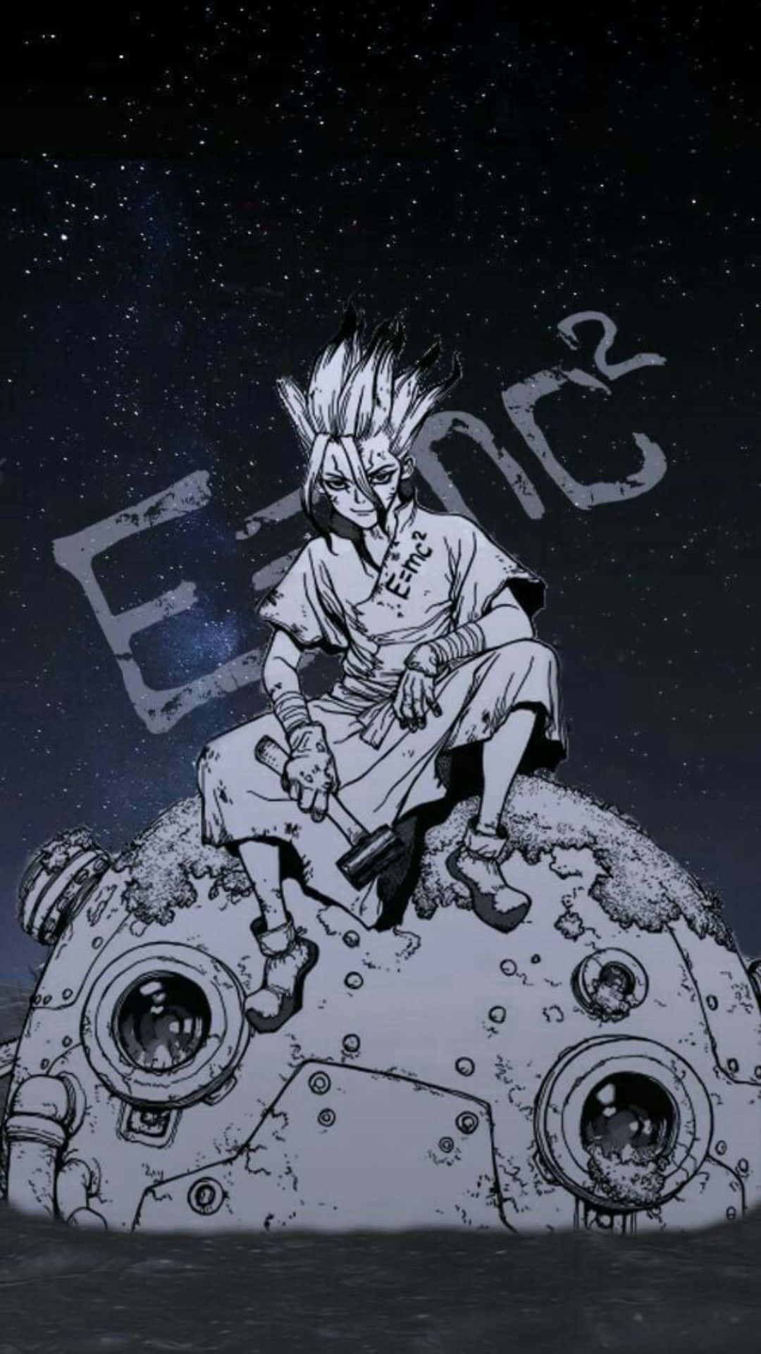 動漫角色坐在破損的太空船上，背景是星空。