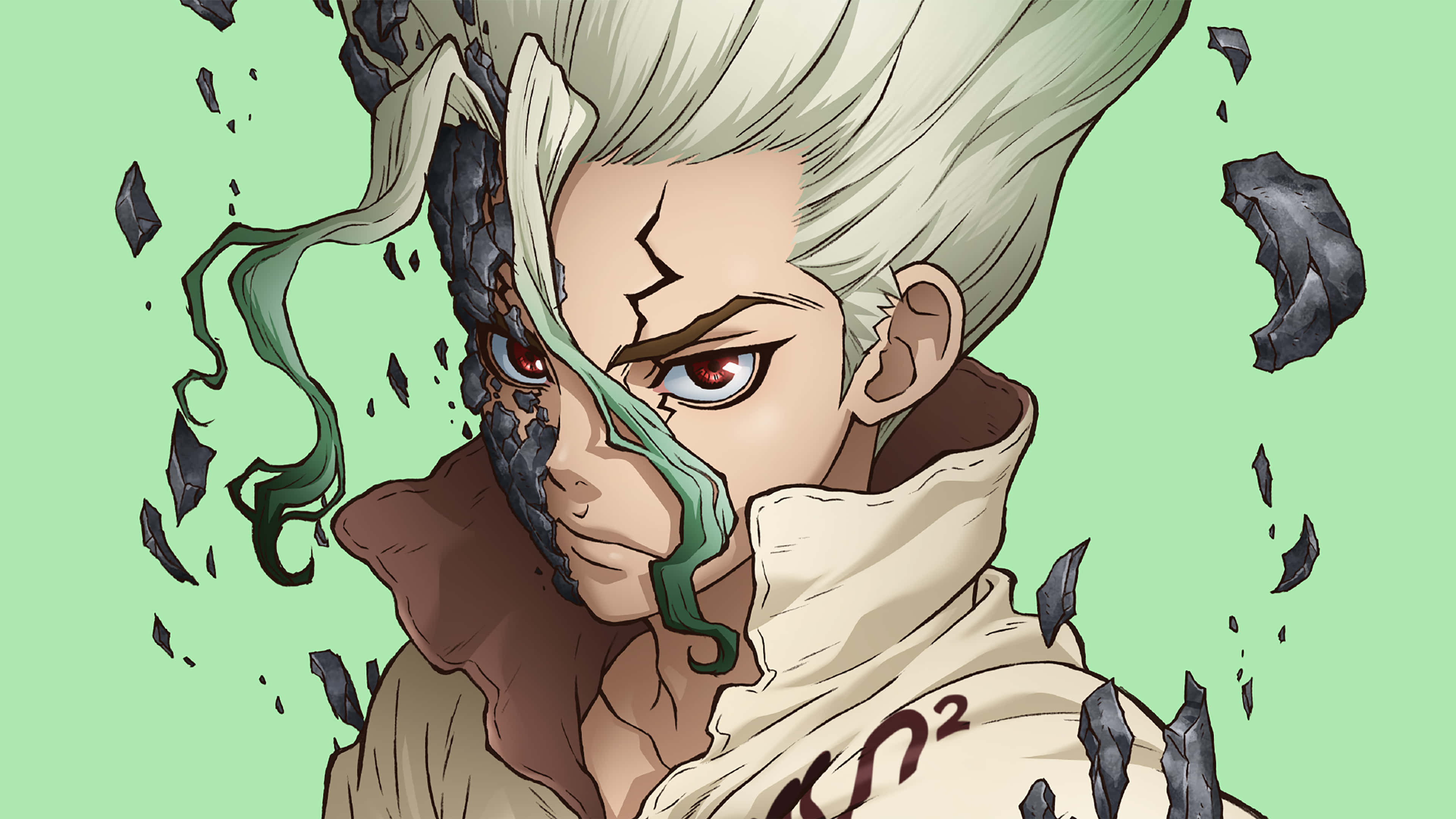 Dr. Stone 科學家畫面 壁紙 — 一個白髮紅眼的動漫角色，臉部破裂，有綠色液體和黑色碎片在薄荷綠色背景周圍飛舞。