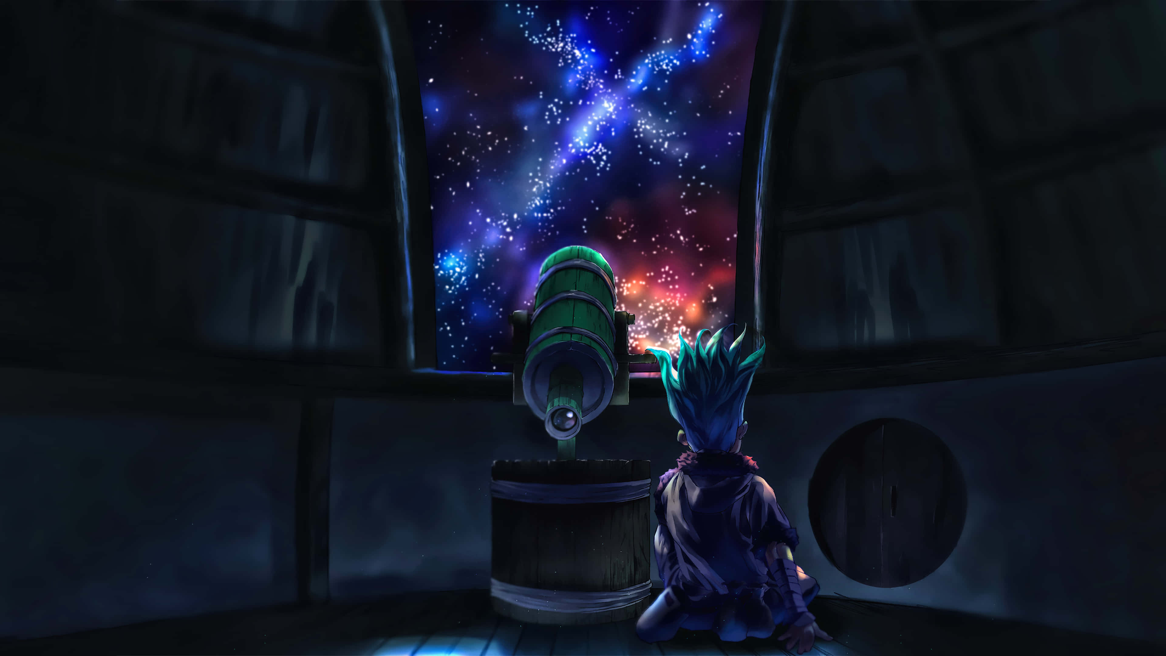 Dr. Stone 太空畫面 壁紙 — 一個藍髮動漫角色跪在昏暗的石頭天文台內，透過望遠鏡凝視著帶有藍色和紅色條紋的鮮豔宇宙星雲。
