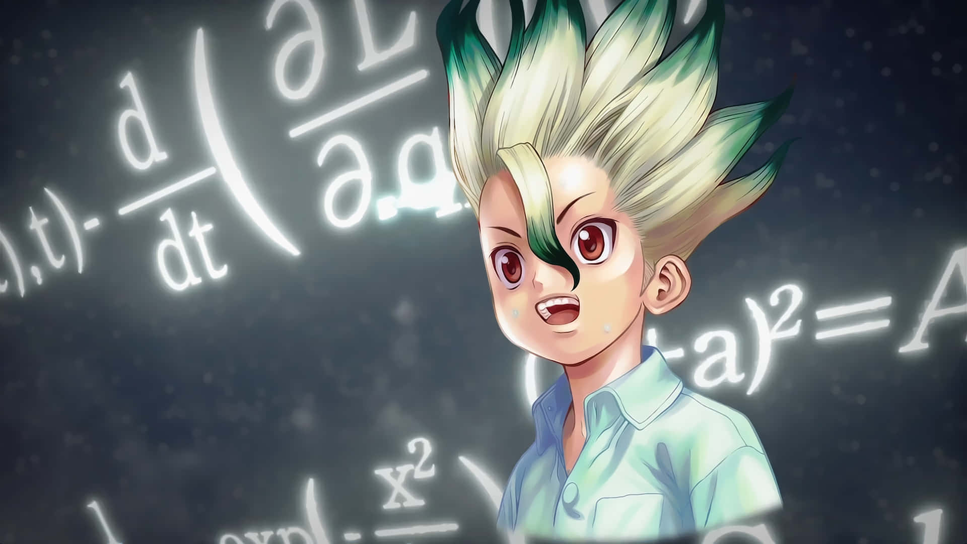 Dr. Stone 小石神千空畫面 壁紙 — 一個決心堅定的動漫男孩，有著尖刺的綠色和金髮，站在黑暗星空背景前發光的數學方程式前。