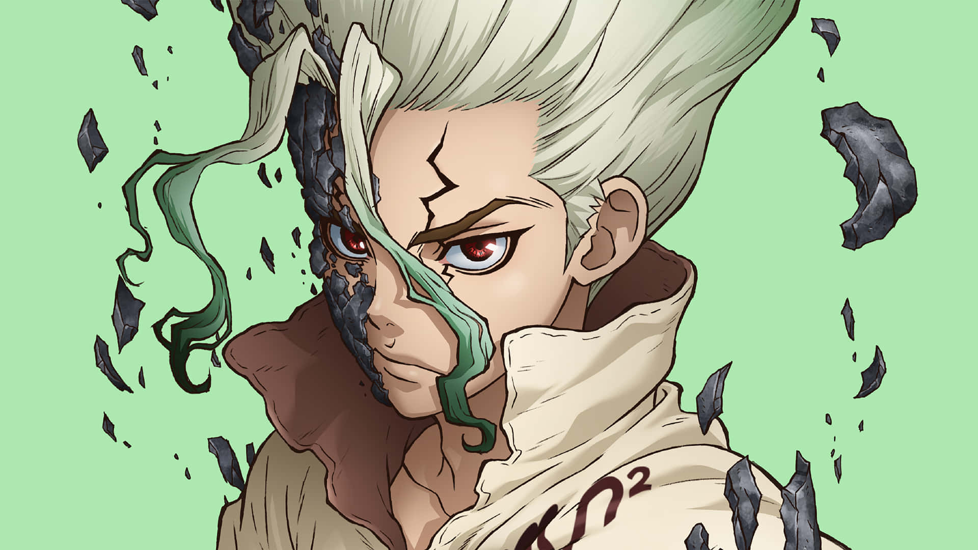 Dr. Stone 科學家畫面 壁紙 — 一個白髮紅眼的動漫角色，臉部破裂，有綠色液體和黑色碎片在薄荷綠色背景周圍飛舞。