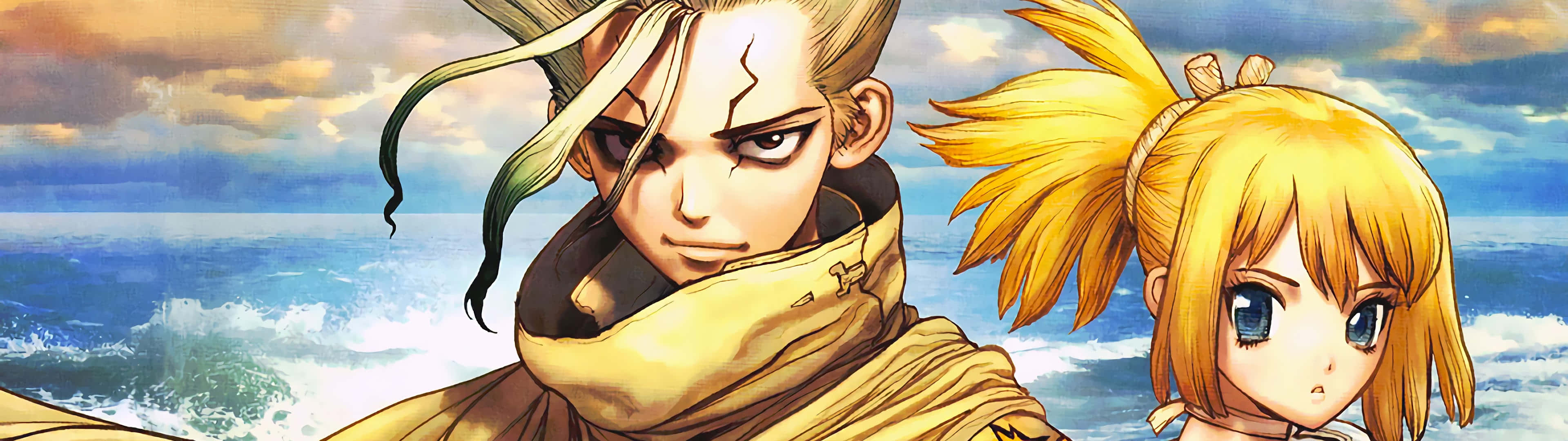 Dr. Stone 角色畫面 壁紙 — 兩個動漫角色站在暴風雨的大海前，身後有戲劇性的雲層和洶湧的波浪。