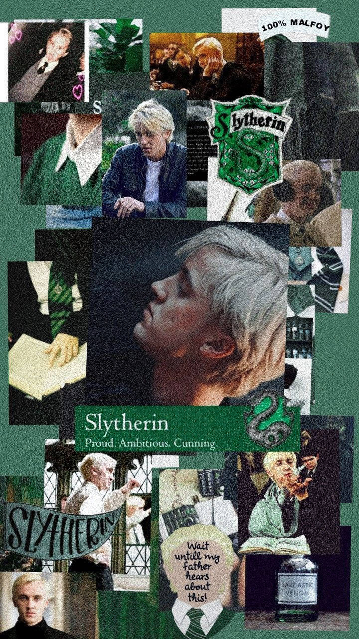 以史萊哲林為主題的拼貼， featuring Draco Malfoy，搭配綠色點綴和語錄。