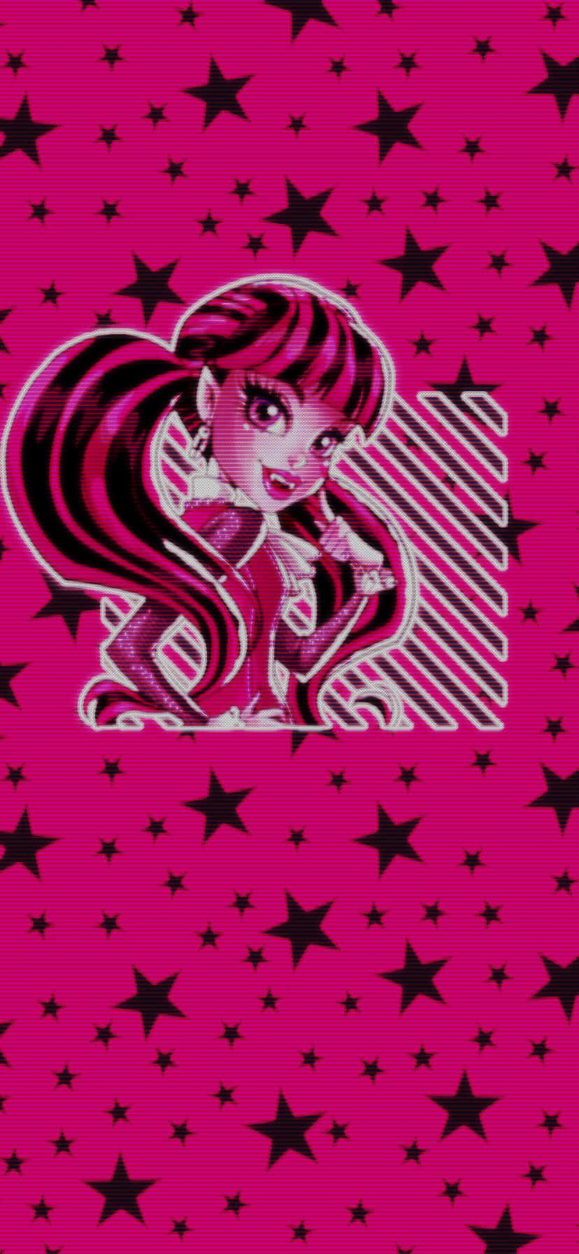 Draculaura Monster High 角色 壁紙 — 一個風格化的動漫女孩，粉紅色頭髮和心形馬尾辮，在充滿黑色星星的鮮豔粉紅色背景上微笑。