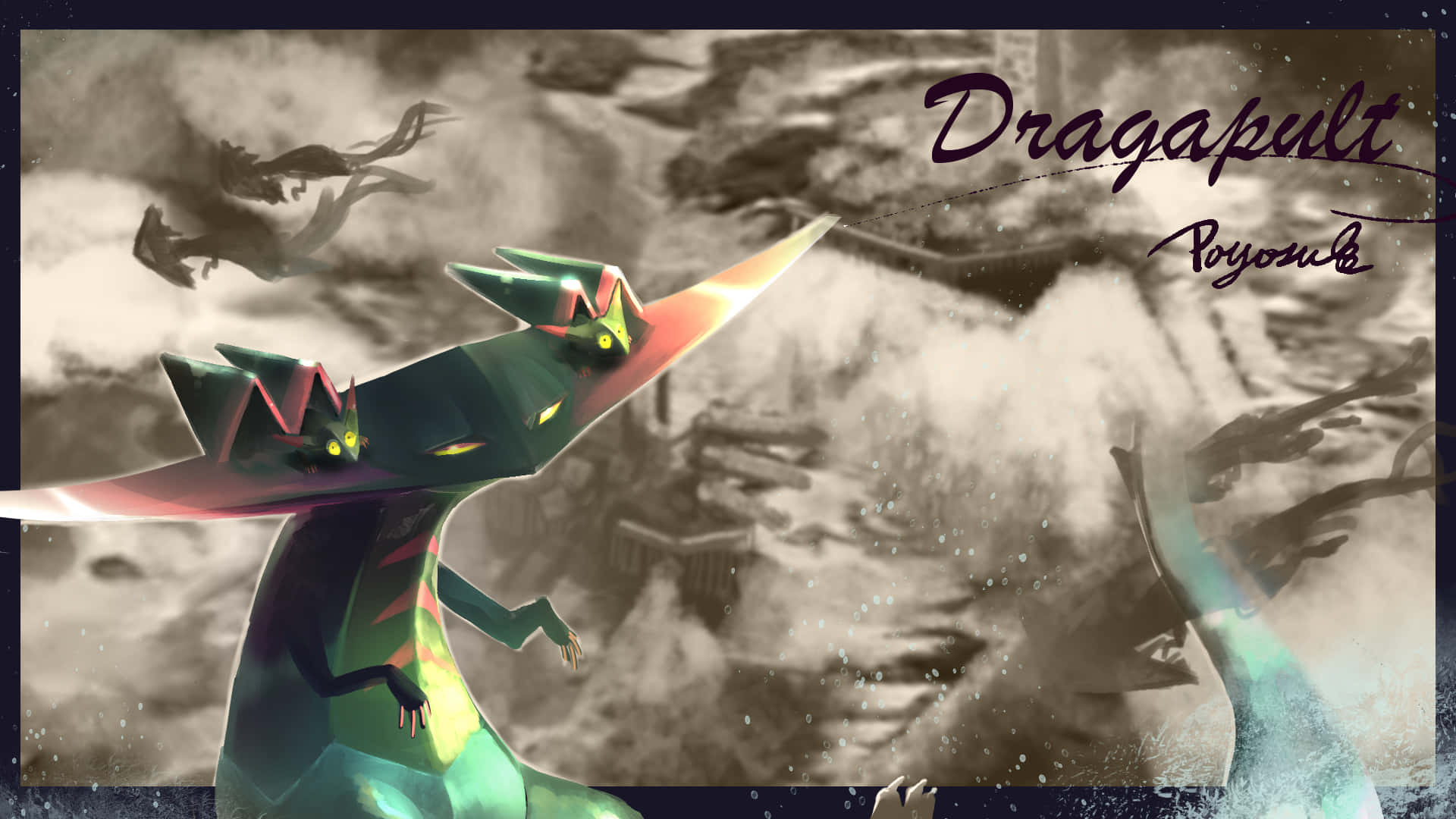 Dragapult 龍幽靈寶可夢戰鬥風采 壁紙 — 一隻風格化的綠色龍，擁有發光的眼睛和鋒利的翅膀，在充滿漂浮碎片的迷霧單色戰場上翱翔。