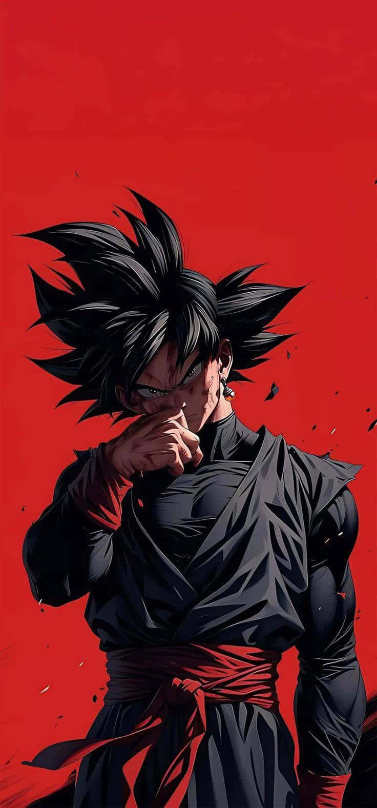 黑髮動漫戰士穿著深色道服，在紅色背景中握拳，碎片飛揚