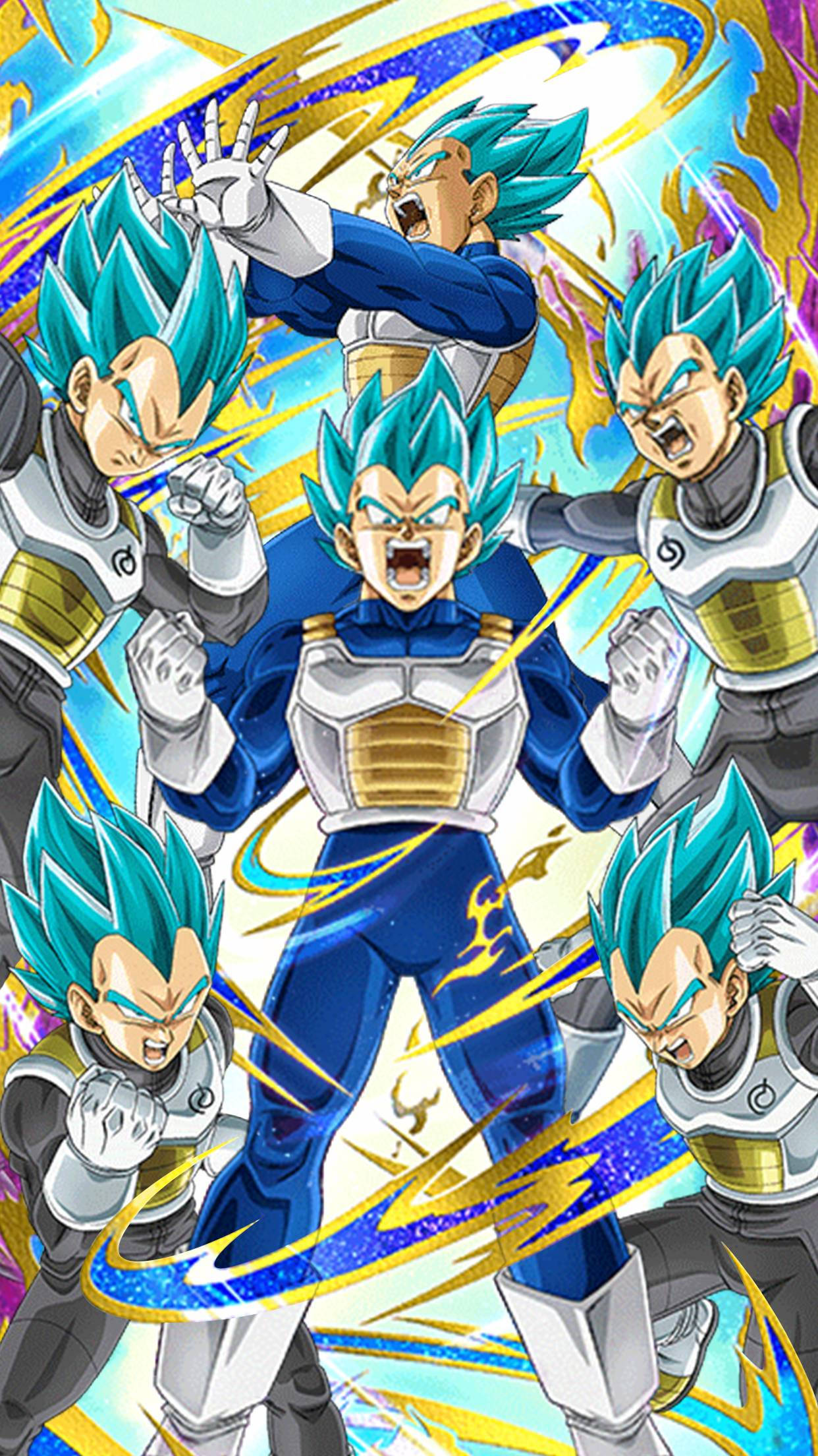 Dragon Ball Super 中的 Vegeta 爆發超級賽亞藍力量 壁紙 — 多名藍髮撒亞人戰士擺出戰鬥姿勢，周圍環繞著動態能量條紋和宇宙漩渦。
