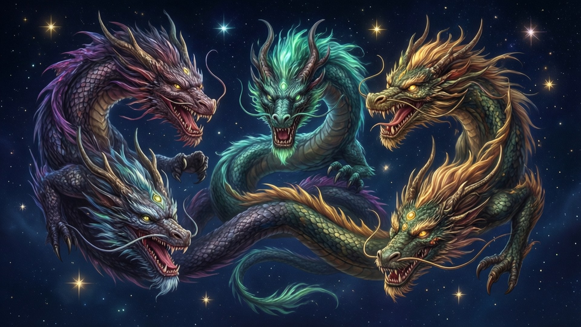 五條咆哮的龍，眼睛發光，對著繁星點點的夜空
