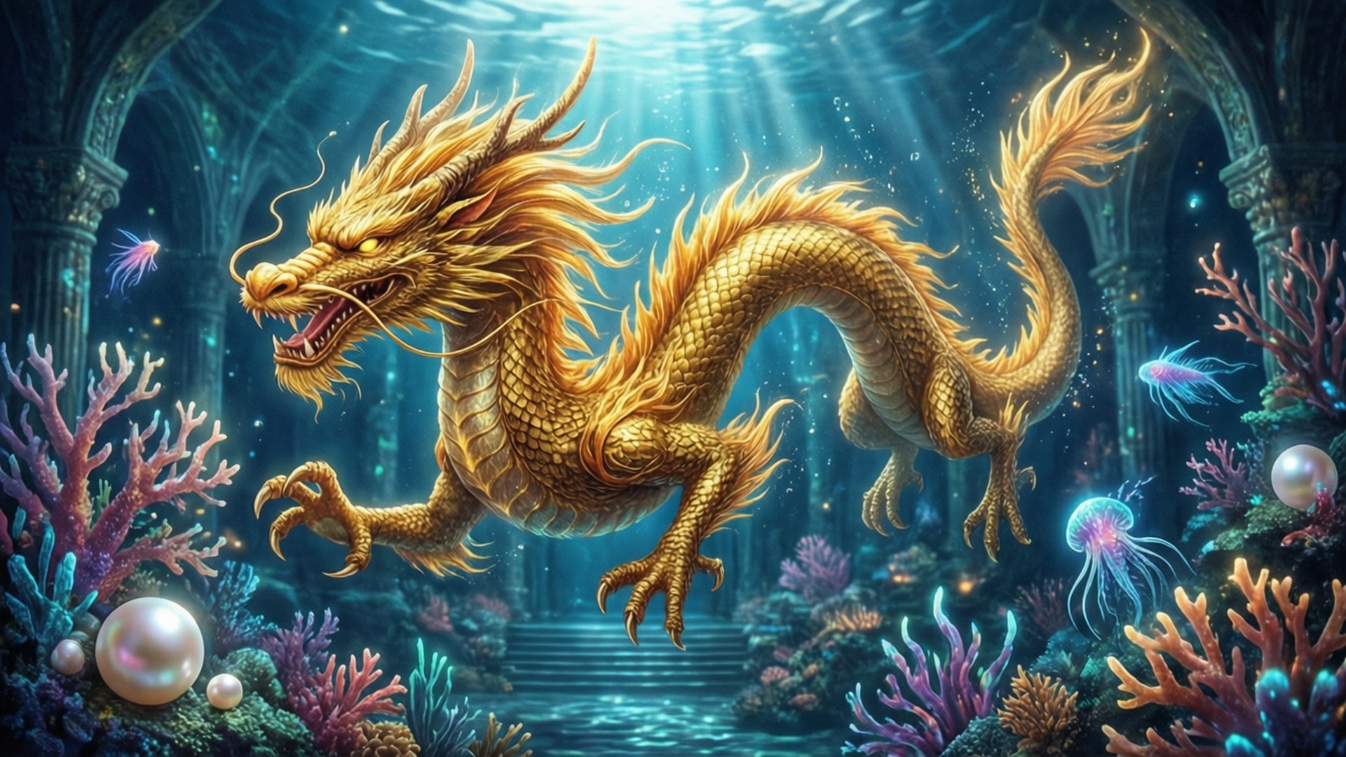 金色龍在水下珊瑚和水母間游動，身處古代遺跡