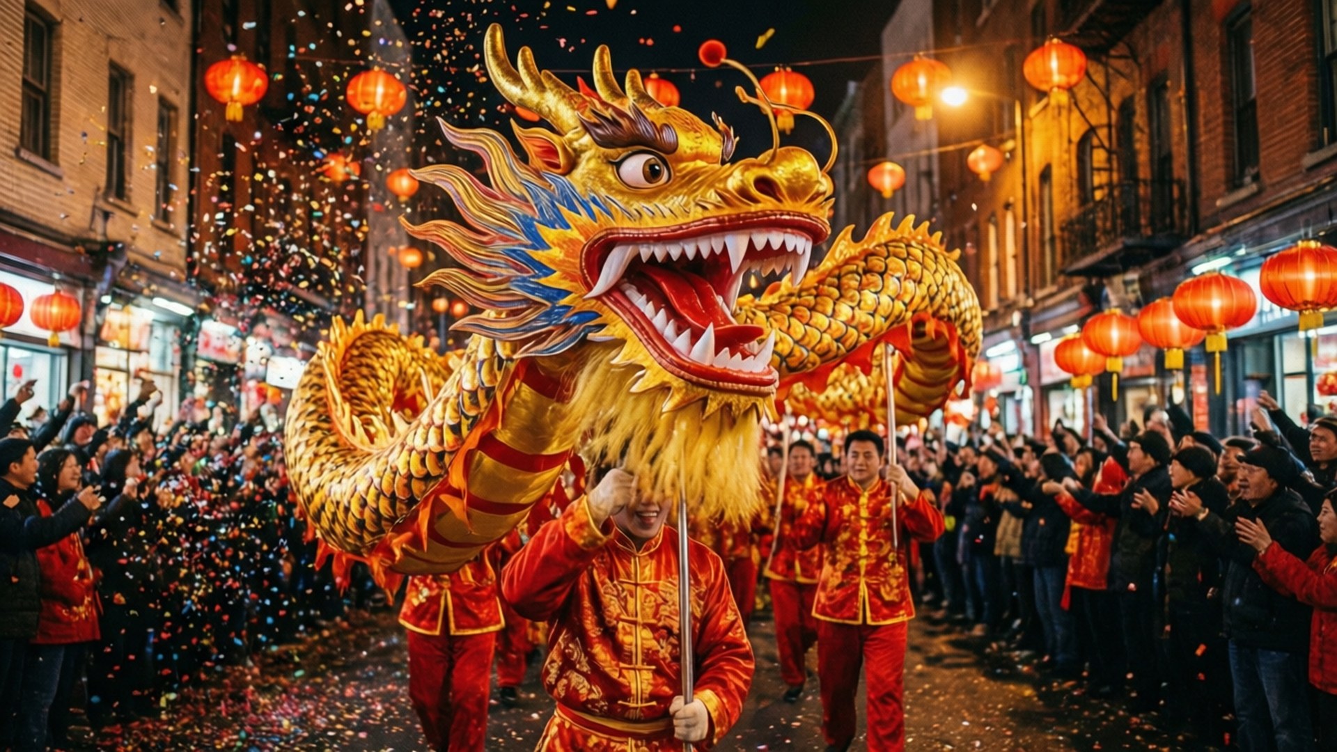在擠滿人群的街道上，金龍舞伴隨著紅燈籠和飄落的五彩紙屑。