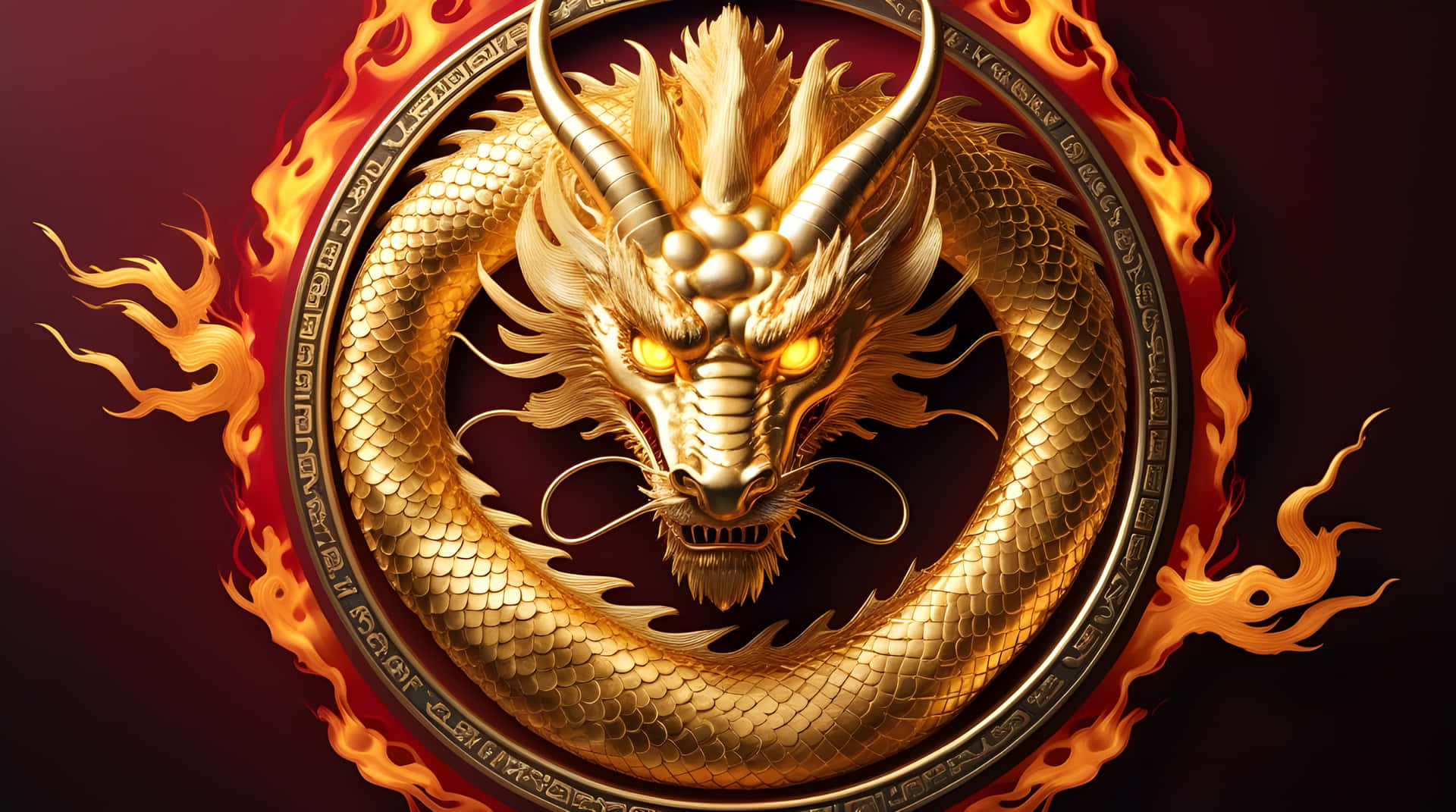 金色龍眼睛發光，被火焰包圍在圓形框架中