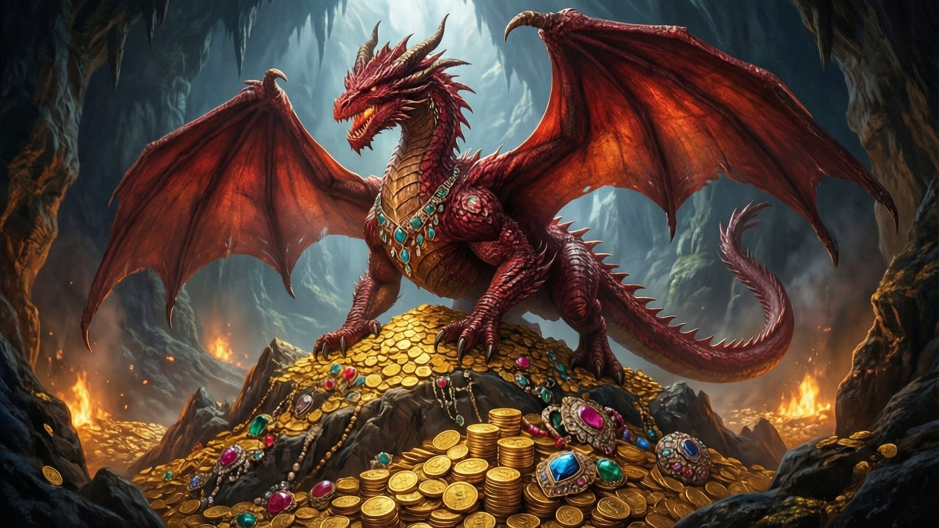 紅色巨龍戴著珠寶項圈，在黑暗洞穴中守護著一堆金幣和彩色寶石。
