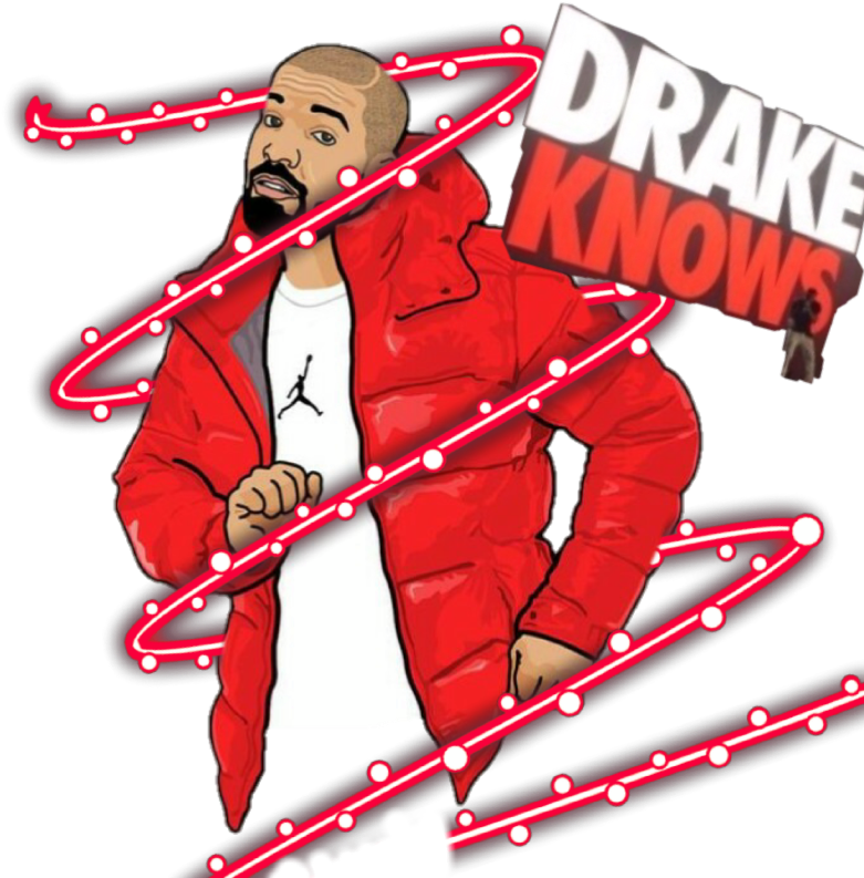 德雷克「DRAKE KNOWS」動畫插畫 壁紙 — Drake 身穿紅色羽絨外套，自信地站在黑色背景前，背景有發光的紅色霓虹漩渦和「DRAKE KNOWS」標誌。