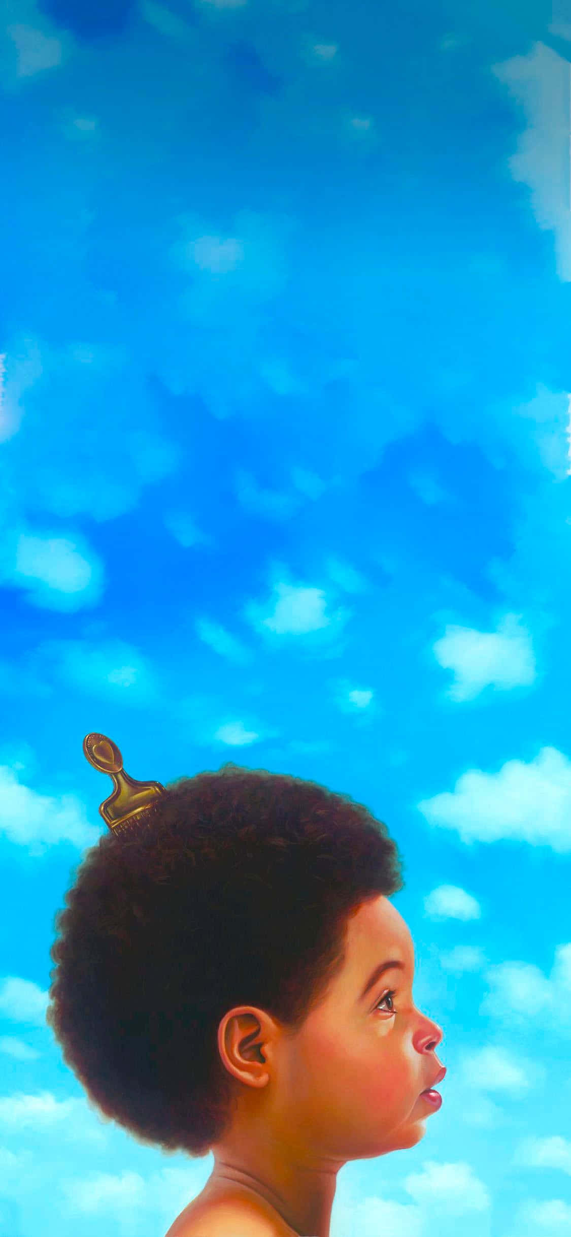 Drake 發行專輯《Nothing Was The Same》 壁紙 — 一個捲髮、戴著小皇冠的幼兒仰望充滿柔和白雲的鮮豔藍天。