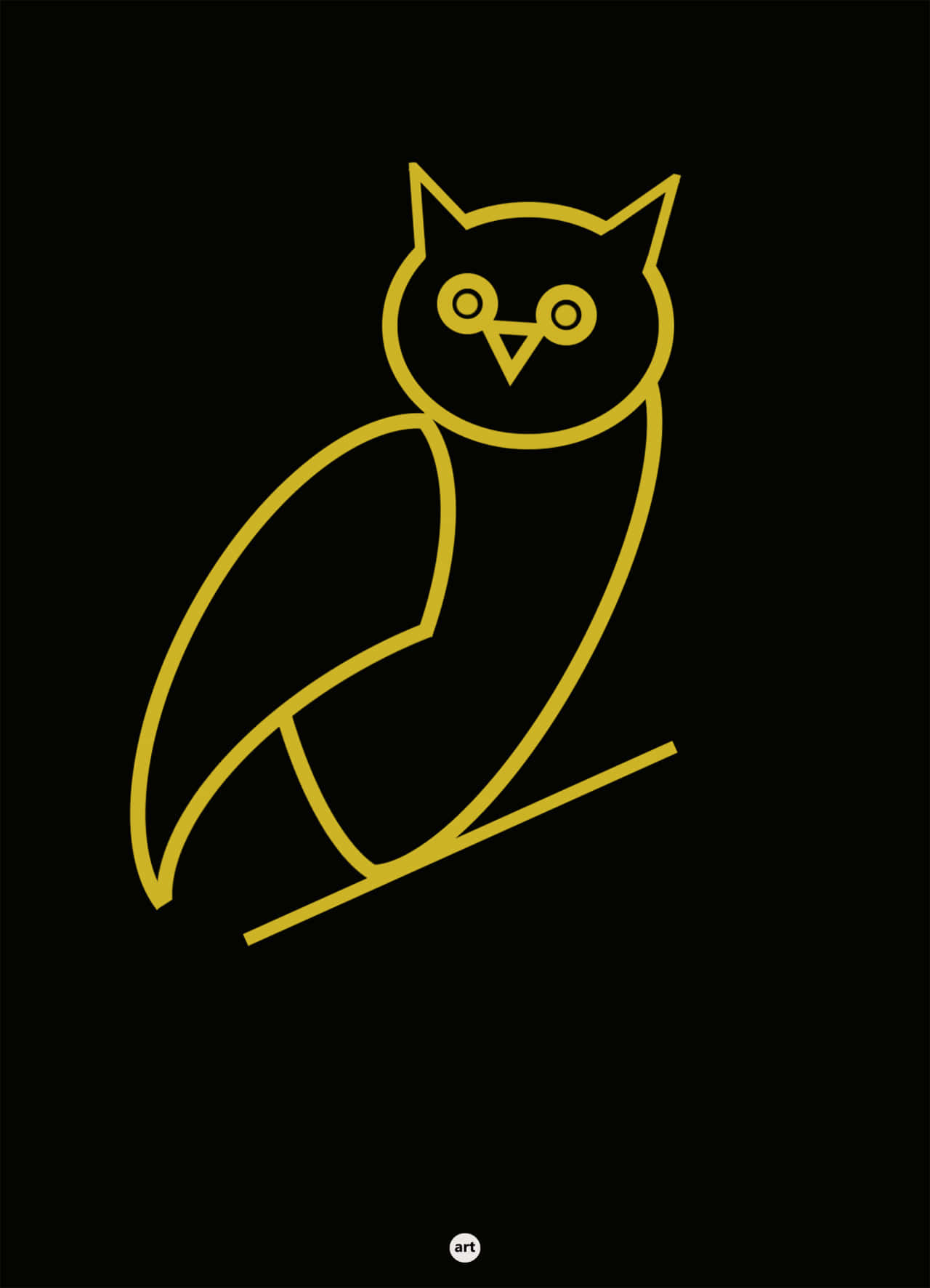 Drake 的 OVO 猫頭鷹圖騰 iPhone 壁紙 — 純黑色背景上，一隻棲息在樹枝上的貓頭鷹的極簡金色輪廓。