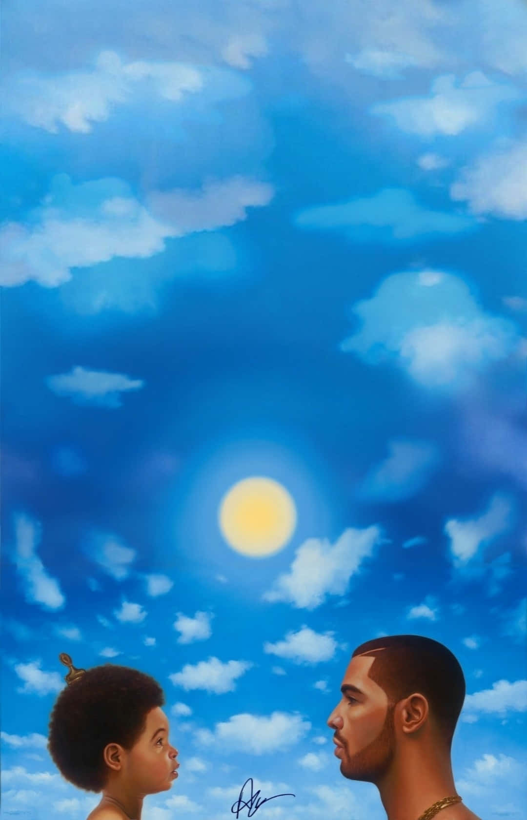 一個孩子和一個成年人在明亮的藍天、太陽和雲朵的背景下互相凝視。