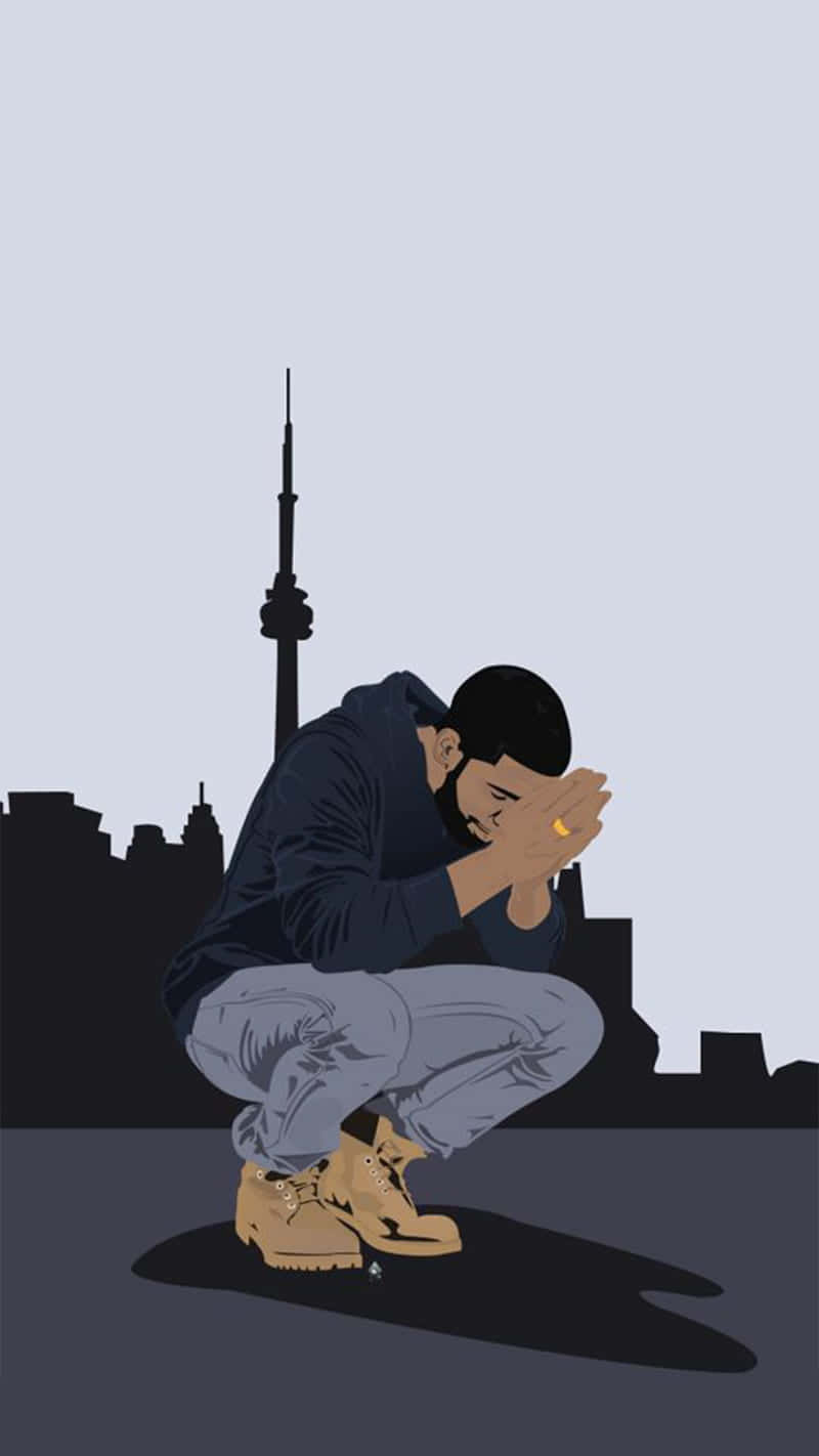 一個男人悲傷地跪著，背景是城市天際線，CN塔在他身後可見。