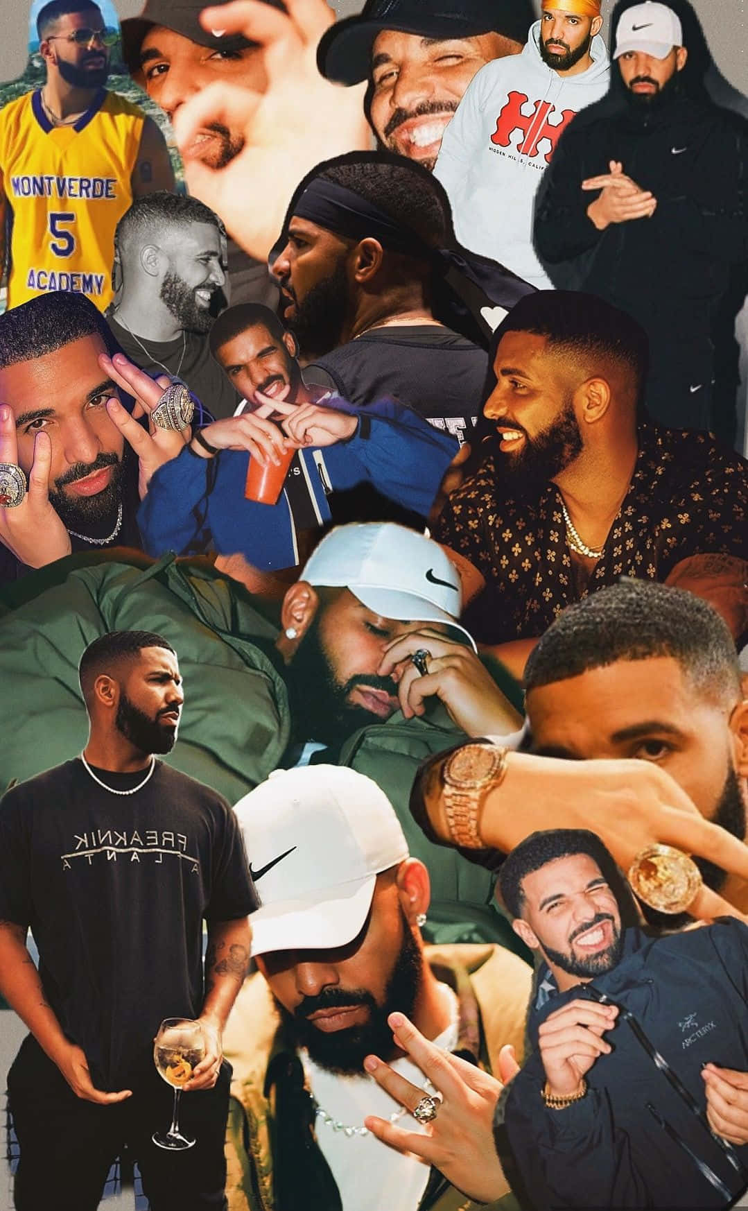 Drake在不同服裝和姿勢下的拼貼畫，微笑並自信地擺姿勢。