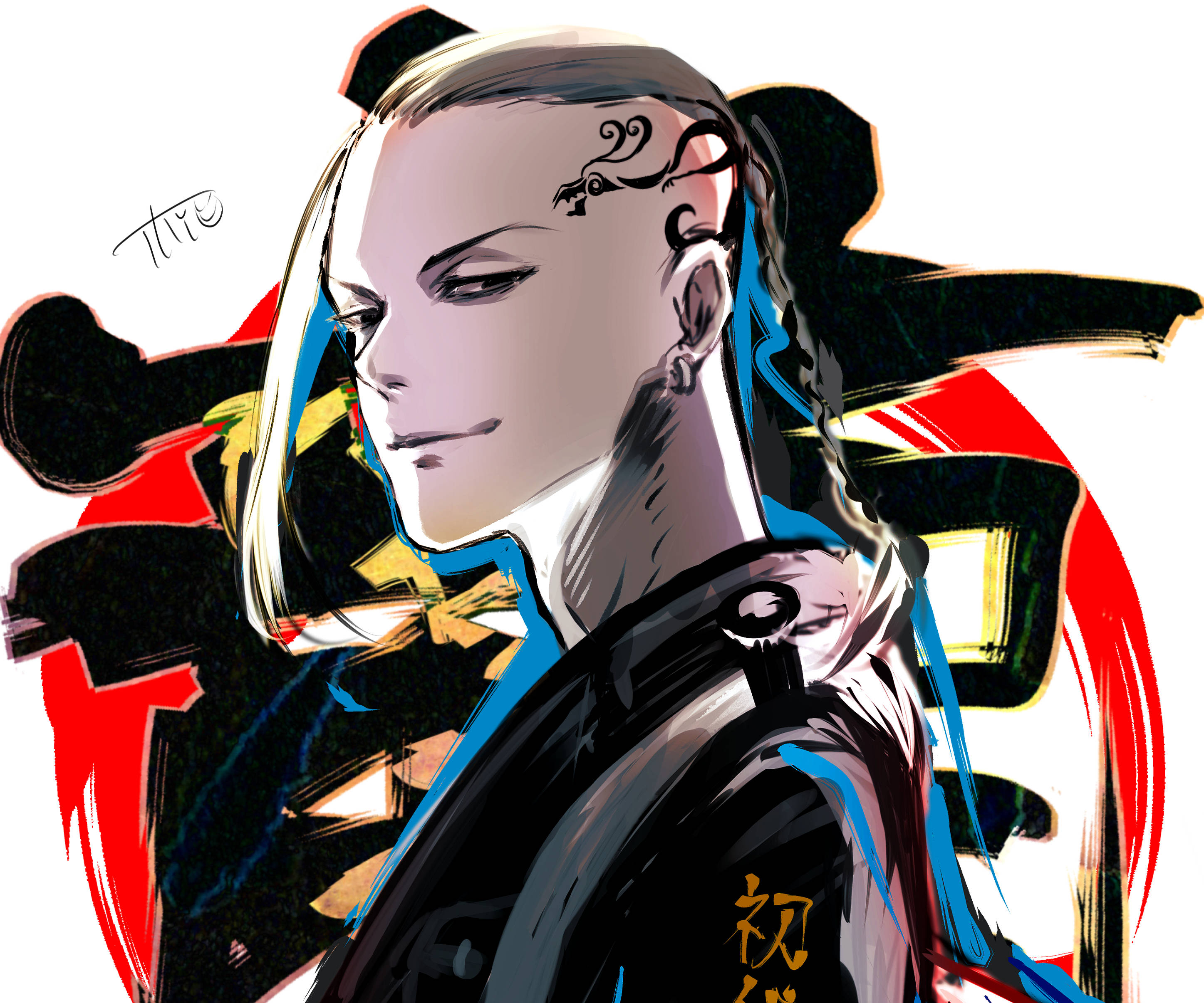 Draken《東京卍復仇者》波普藝術風格 壁紙 — 一個風格化的動漫角色，皮膚蒼白，帶有複雜的紋身，在醒目的紅色和黑色背景上側視。